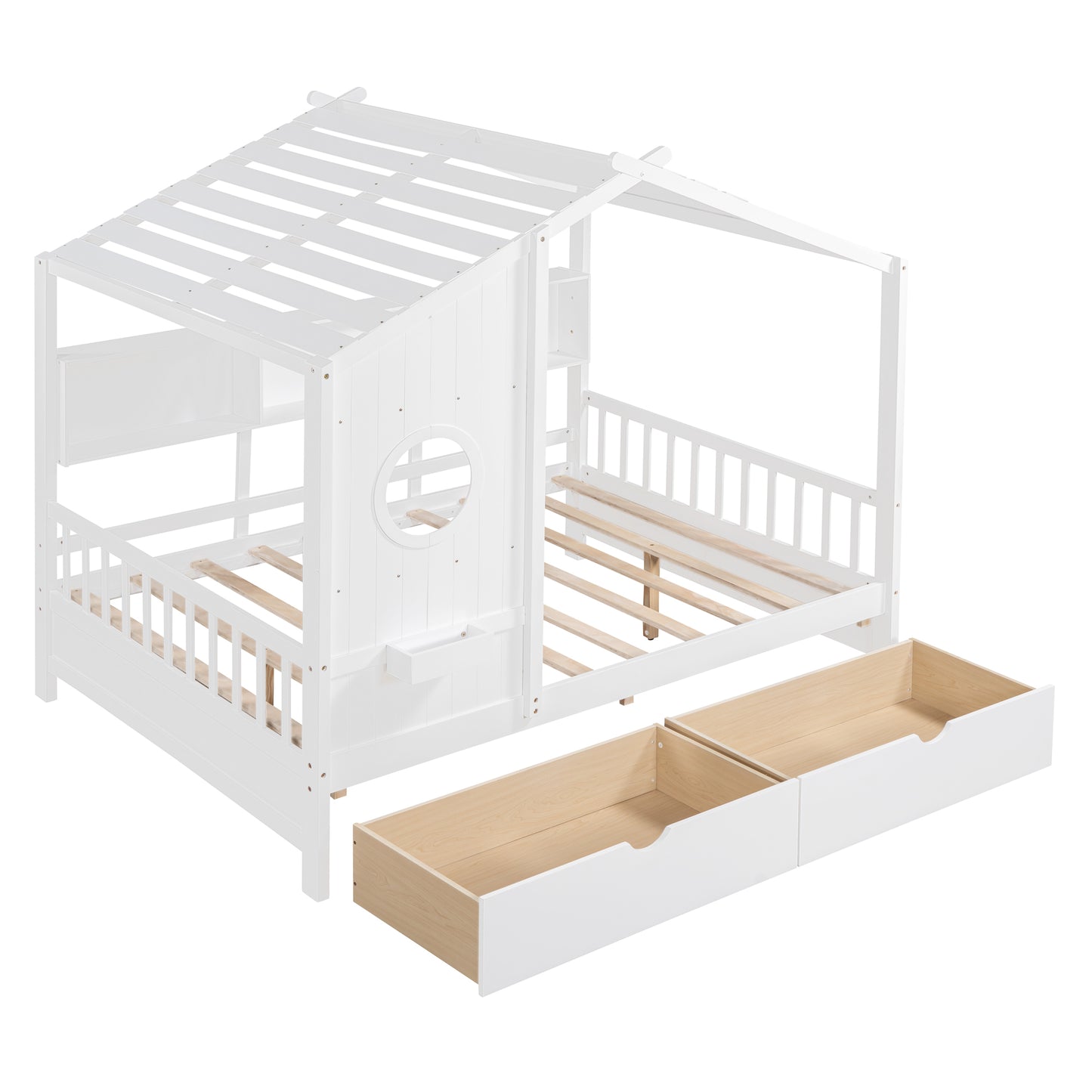 Wooden Full Size House Bed with 2 Drawers,Kids Bed with Storage Shelf, White(Old SKU: HL000052AAK) image 8