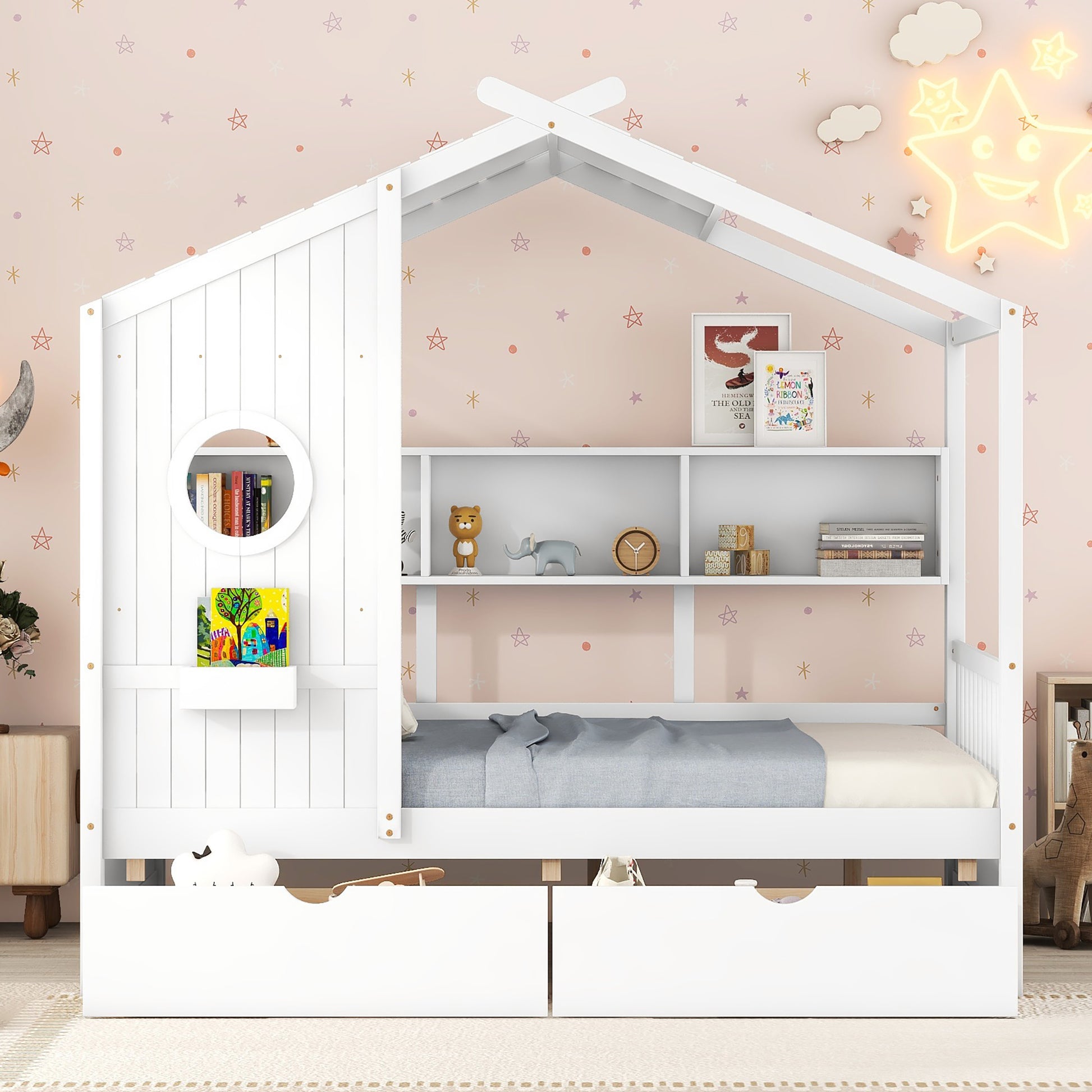 Wooden Full Size House Bed with 2 Drawers,Kids Bed with Storage Shelf, White(Old SKU: HL000052AAK) image 2