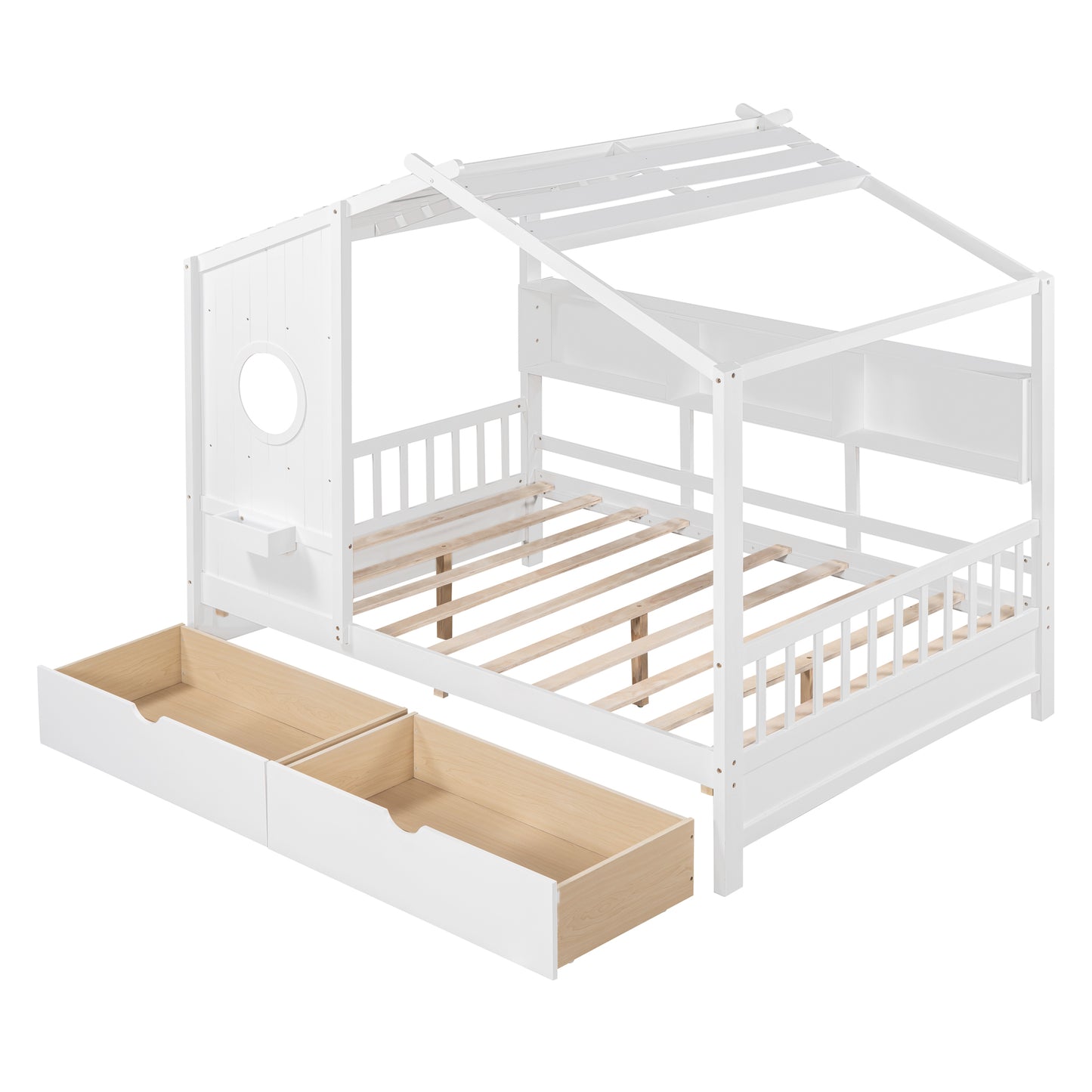 Wooden Full Size House Bed with 2 Drawers,Kids Bed with Storage Shelf, White(Old SKU: HL000052AAK) image 5