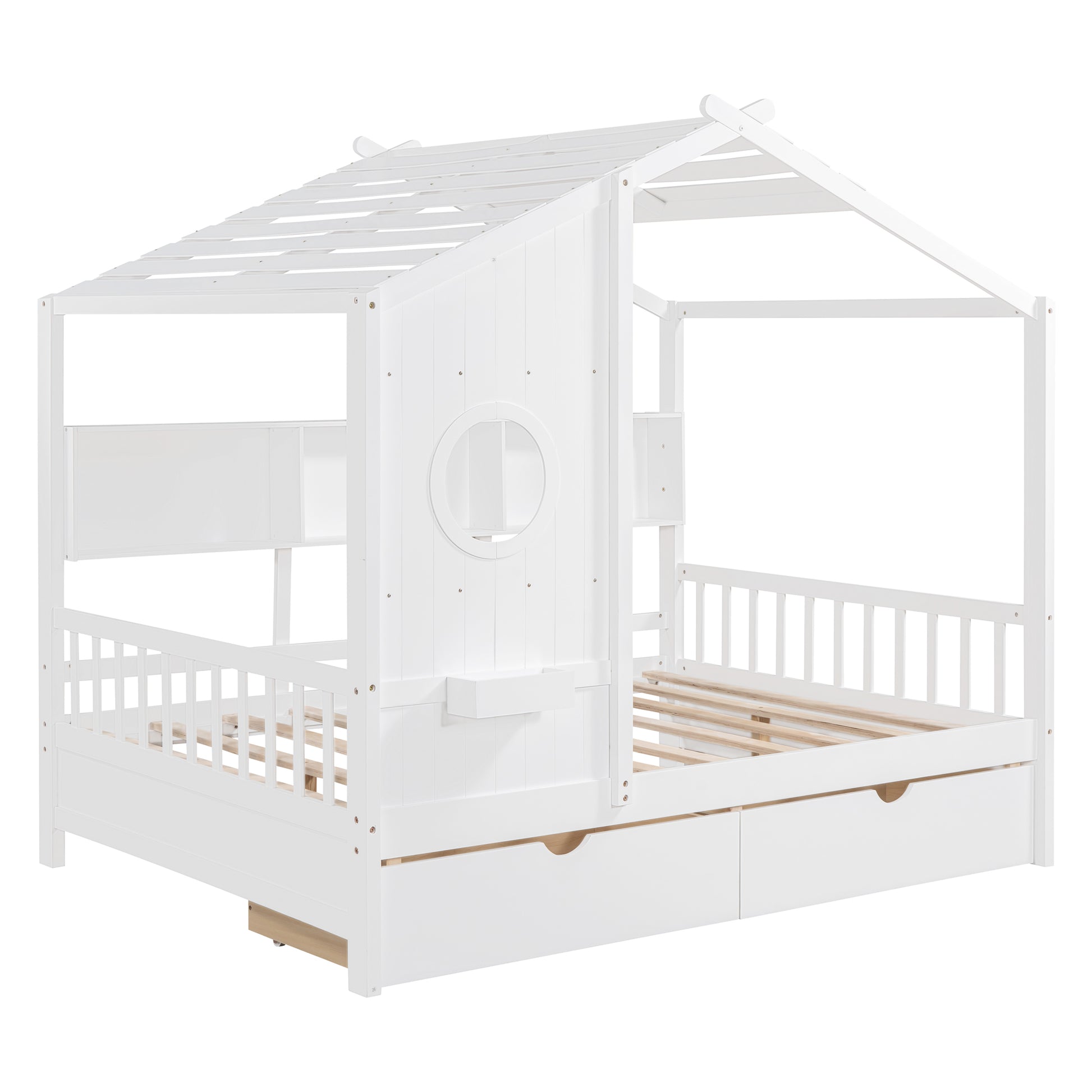 Wooden Full Size House Bed with 2 Drawers,Kids Bed with Storage Shelf, White(Old SKU: HL000052AAK) image 4