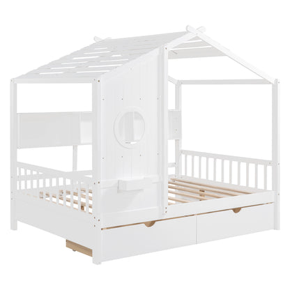 Wooden Full Size House Bed with 2 Drawers,Kids Bed with Storage Shelf, White(Old SKU: HL000052AAK) image 4