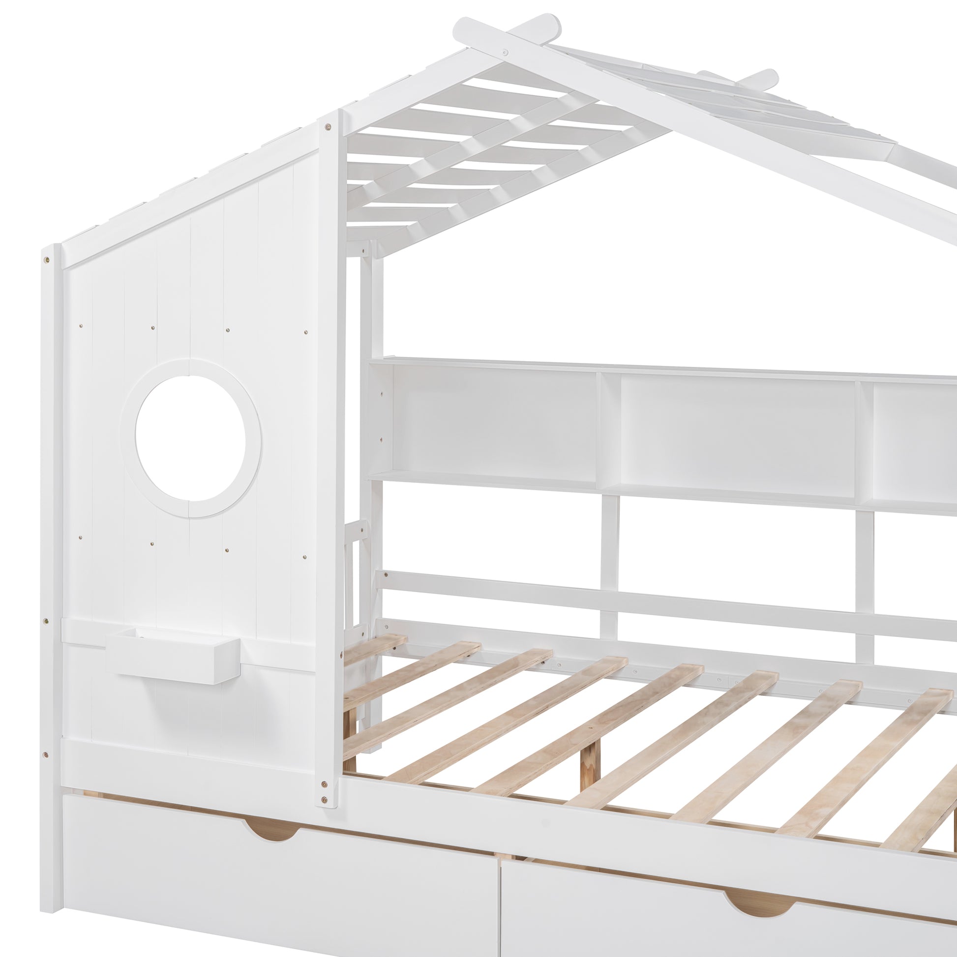 Wooden Full Size House Bed with 2 Drawers,Kids Bed with Storage Shelf, White(Old SKU: HL000052AAK) image 12