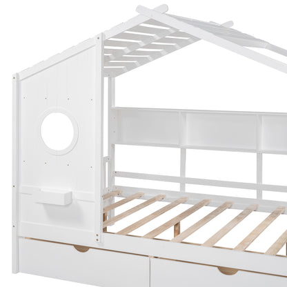 Wooden Full Size House Bed with 2 Drawers,Kids Bed with Storage Shelf, White(Old SKU: HL000052AAK) image 12