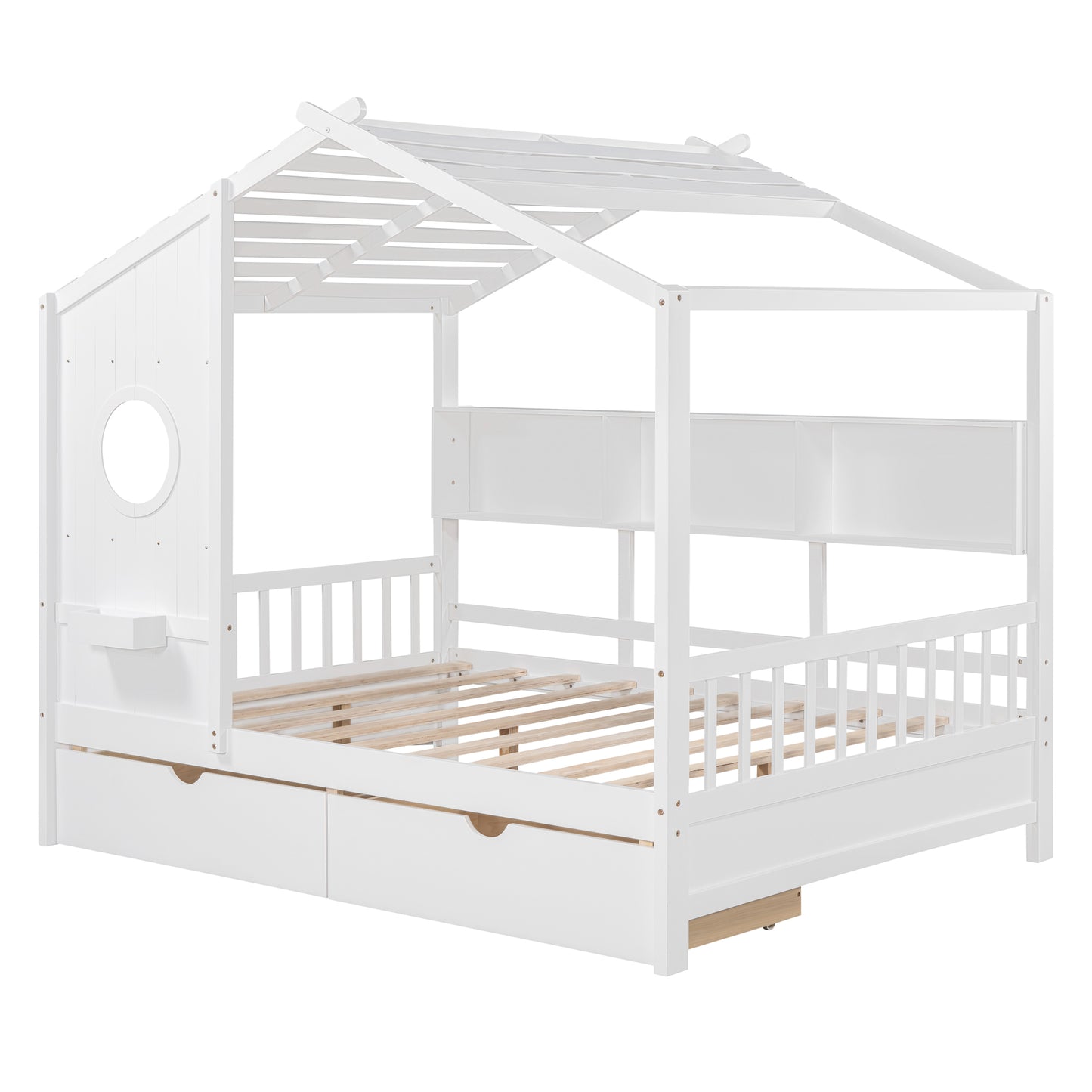 Wooden Full Size House Bed with 2 Drawers,Kids Bed with Storage Shelf, White(Old SKU: HL000052AAK) image 6