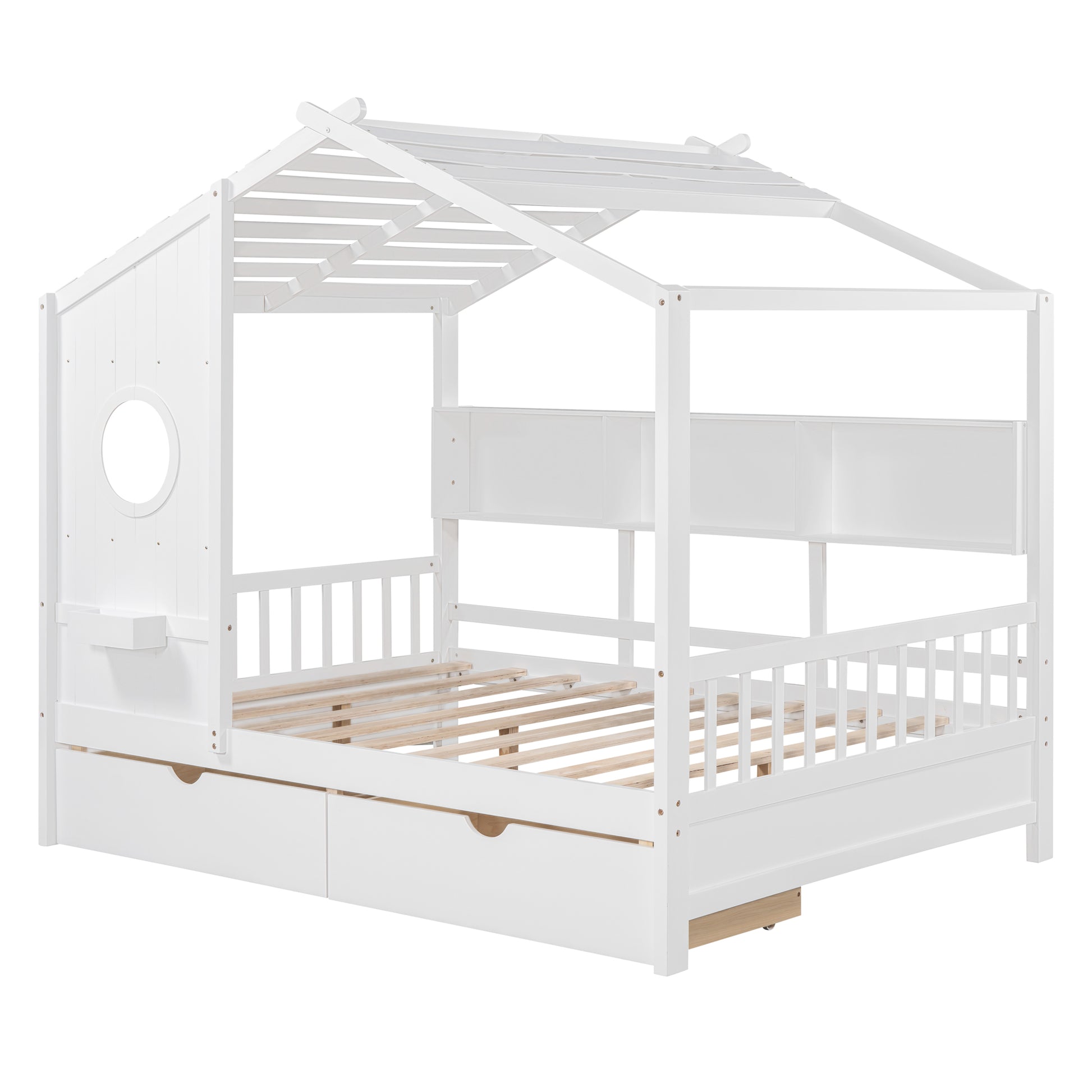 Wooden Full Size House Bed with 2 Drawers,Kids Bed with Storage Shelf, White(Old SKU: HL000052AAK) image 6
