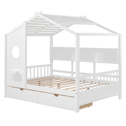 Wooden Full Size House Bed with 2 Drawers,Kids Bed with Storage Shelf, White(Old SKU: HL000052AAK) image 6
