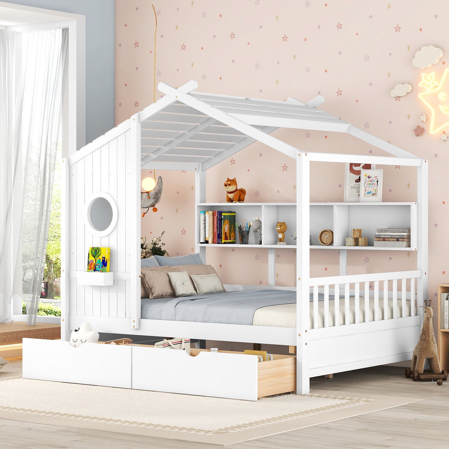 Wooden Full Size House Bed with 2 Drawers,Kids Bed with Storage Shelf, White(Old SKU: HL000052AAK) image 1