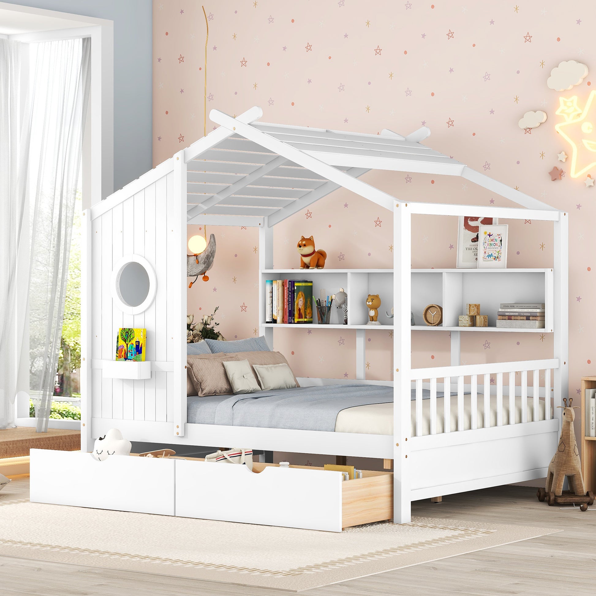 Wooden Full Size House Bed with 2 Drawers,Kids Bed with Storage Shelf, White(Old SKU: HL000052AAK) image 1