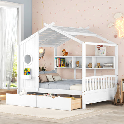 Wooden Full Size House Bed with 2 Drawers,Kids Bed with Storage Shelf, White(Old SKU: HL000052AAK) image 1