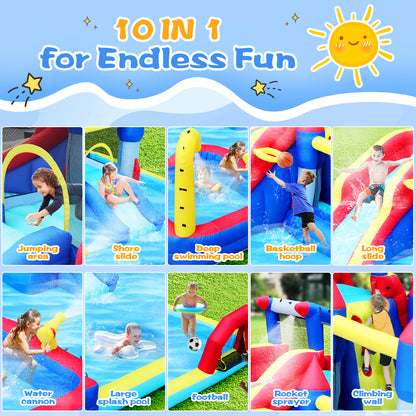10 in1 Inflatable slide water park bouncing house garden with splash pool & water gun & basketball & climbing wall & dual pools & soccer image 2