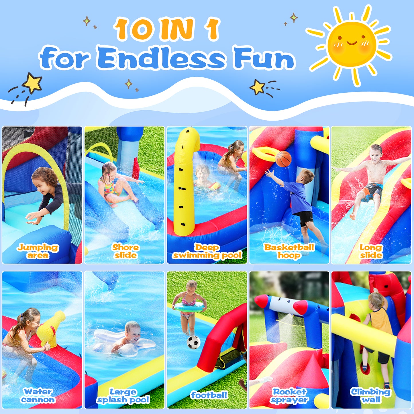 10 in1 Inflatable slide water park bouncing house garden with splash pool & water gun & basketball & climbing wall & dual pools & soccer image 2