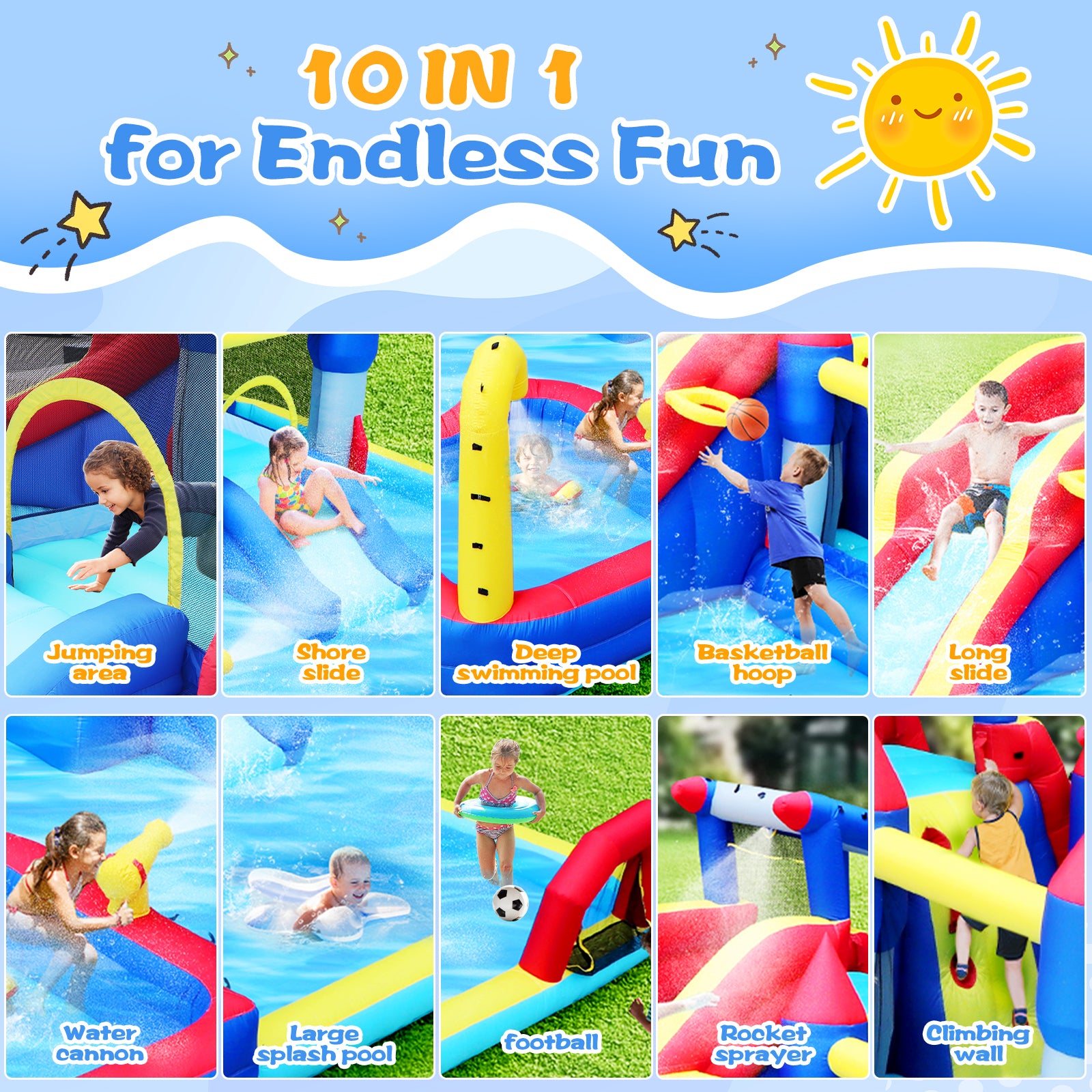 10 in1 Inflatable slide water park bouncing house garden with splash pool & water gun & basketball & climbing wall & dual pools & soccer image 2