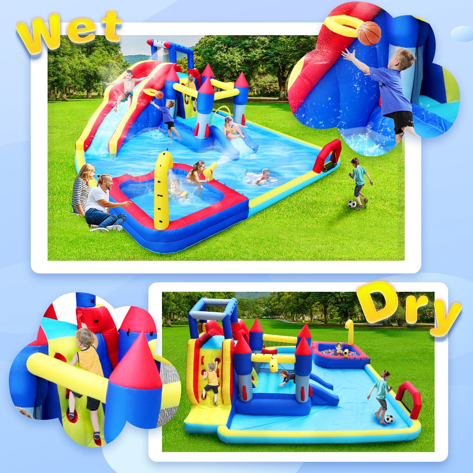 10 in1 Inflatable slide water park bouncing house garden with splash pool & water gun & basketball & climbing wall & dual pools & soccer image 5