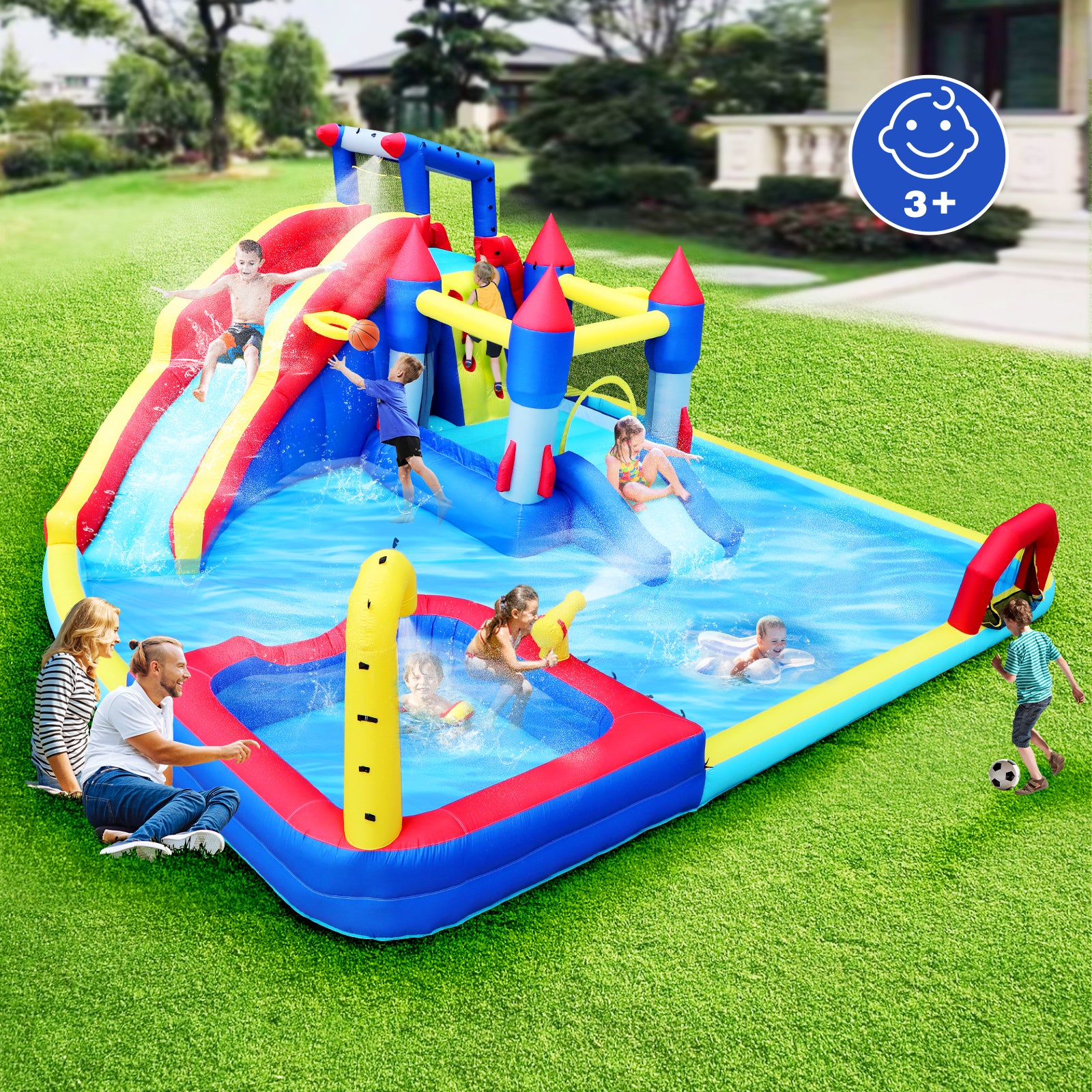 10 in1 Inflatable slide water park bouncing house garden with splash pool & water gun & basketball & climbing wall & dual pools & soccer image 7