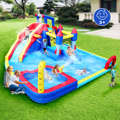 10 in1 Inflatable slide water park bouncing house garden with splash pool & water gun & basketball & climbing wall & dual pools & soccer image 7