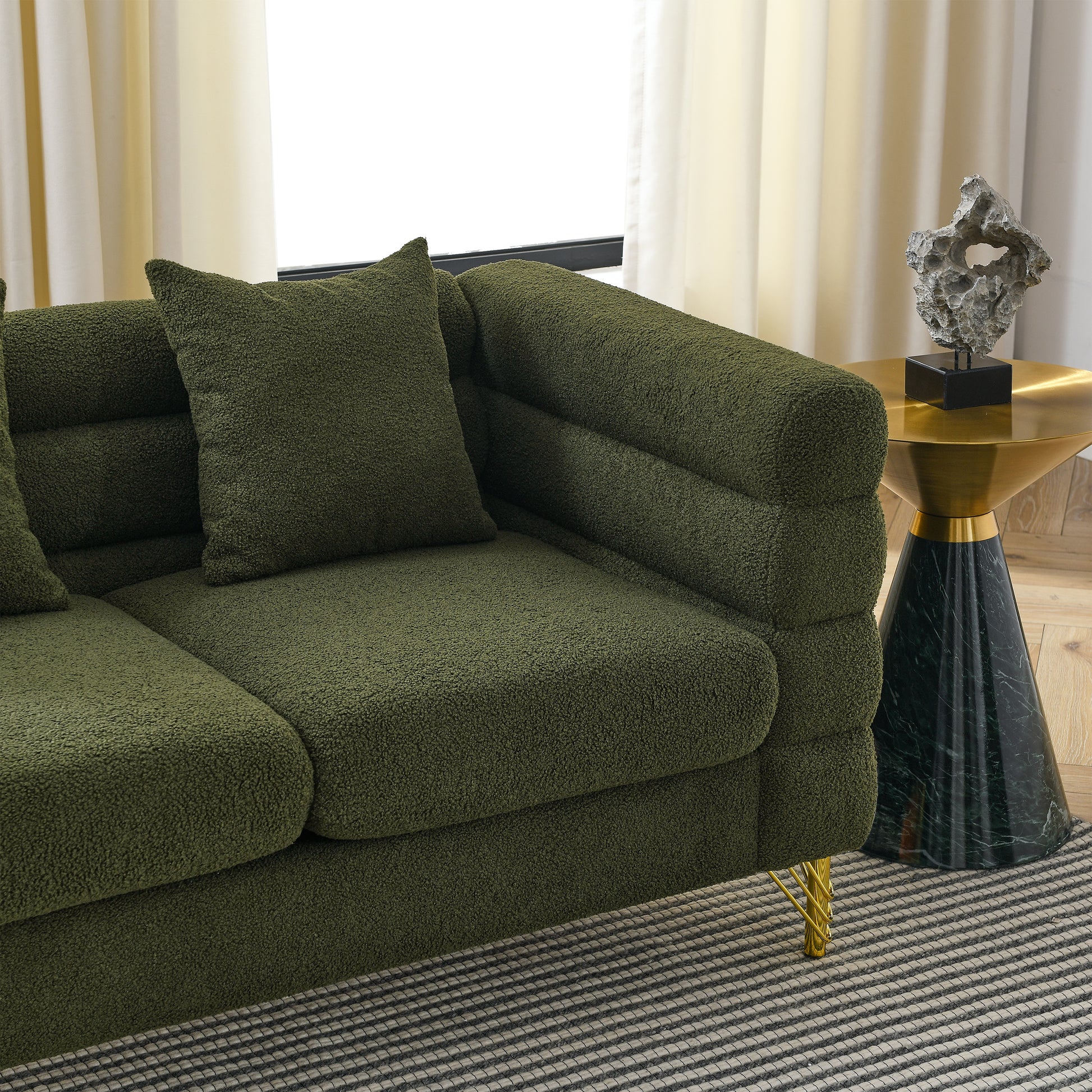 60Inch Oversized 2 Seater Sectional Sofa, Living Room Comfort Fabric Sectional Sofa-Deep Seating Sectional Sofa, Soft Sitting with 2 Pillows for Living Room, Bedroom, Office, Green teddy(W834S00032) image 9