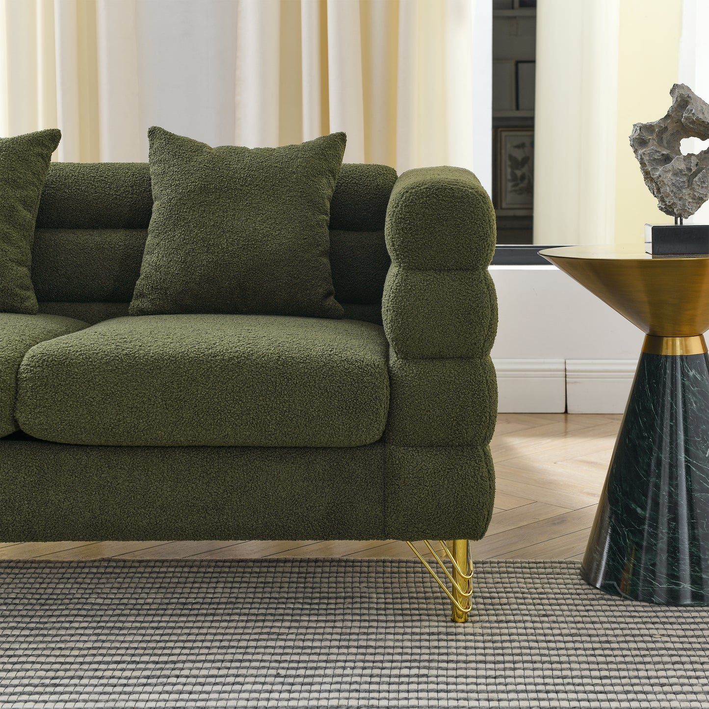 60Inch Oversized 2 Seater Sectional Sofa, Living Room Comfort Fabric Sectional Sofa-Deep Seating Sectional Sofa, Soft Sitting with 2 Pillows for Living Room, Bedroom, Office, Green teddy(W834S00032) image 8