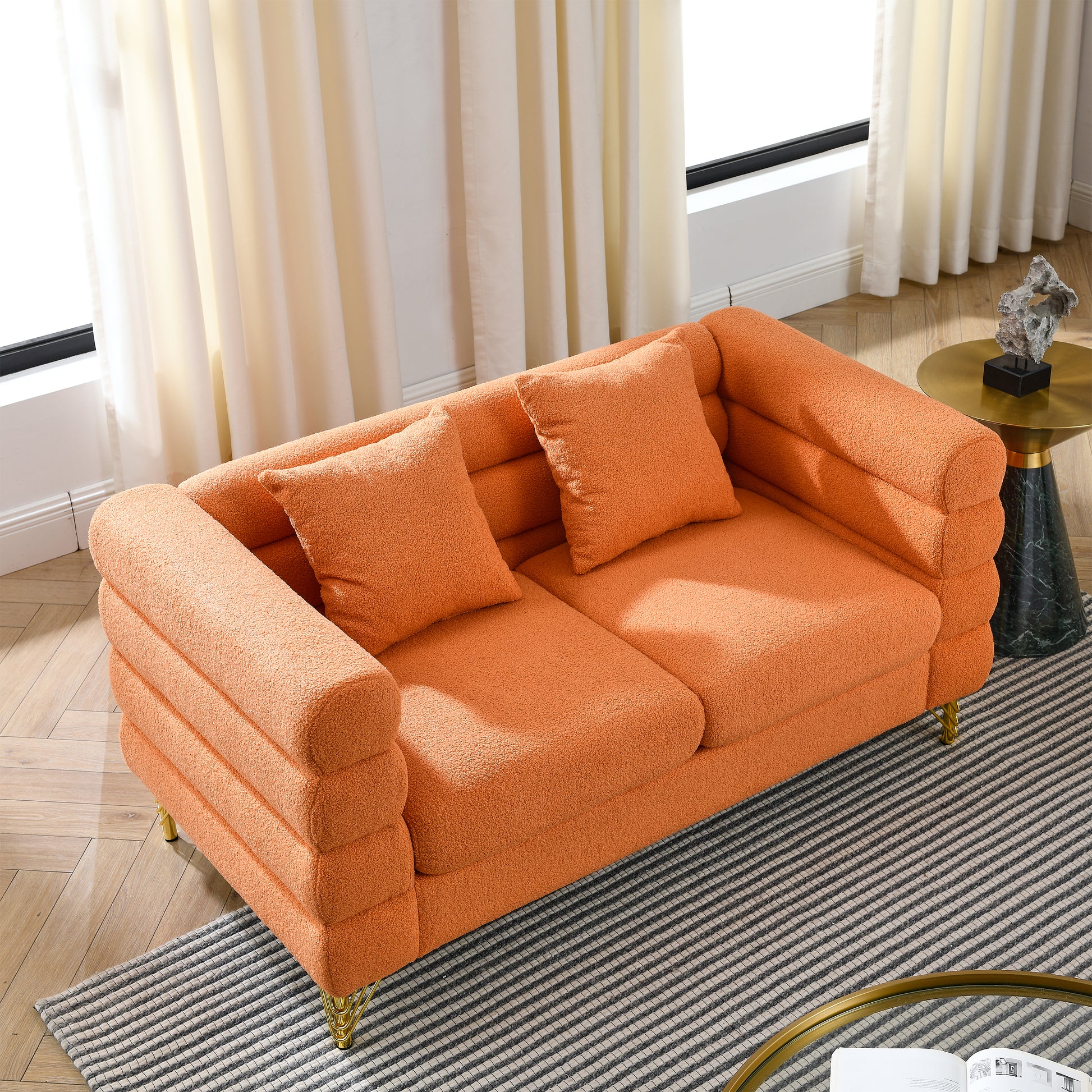 60Inch Oversized 2 Seater Sectional Sofa, Living Room Comfort Fabric Sectional Sofa-Deep Seating Sectional Sofa, Soft Sitting with 2 Pillows for Living Room,Bedroom,Office,Orange teddy(W834S00031) image 1
