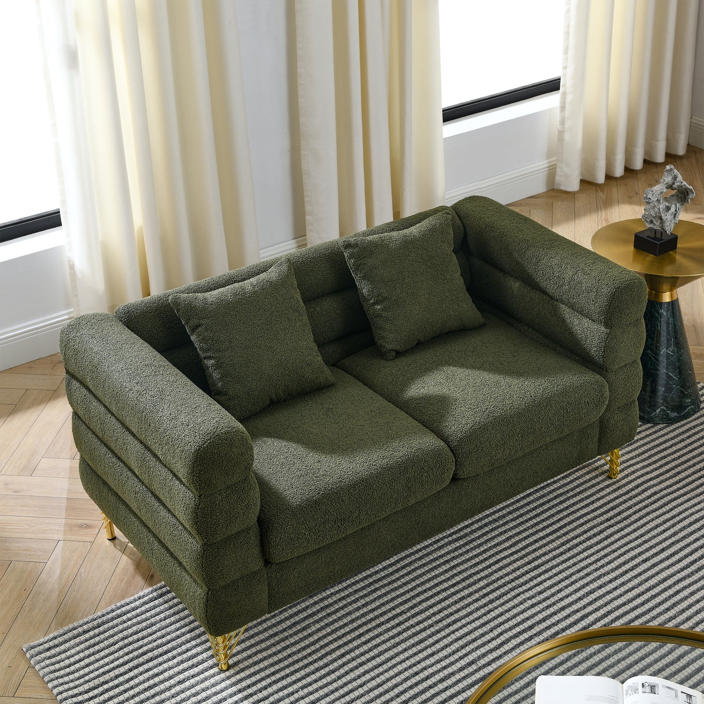 60Inch Oversized 2 Seater Sectional Sofa, Living Room Comfort Fabric Sectional Sofa-Deep Seating Sectional Sofa, Soft Sitting with 2 Pillows for Living Room, Bedroom, Office, Green teddy(W834S00032) image 2