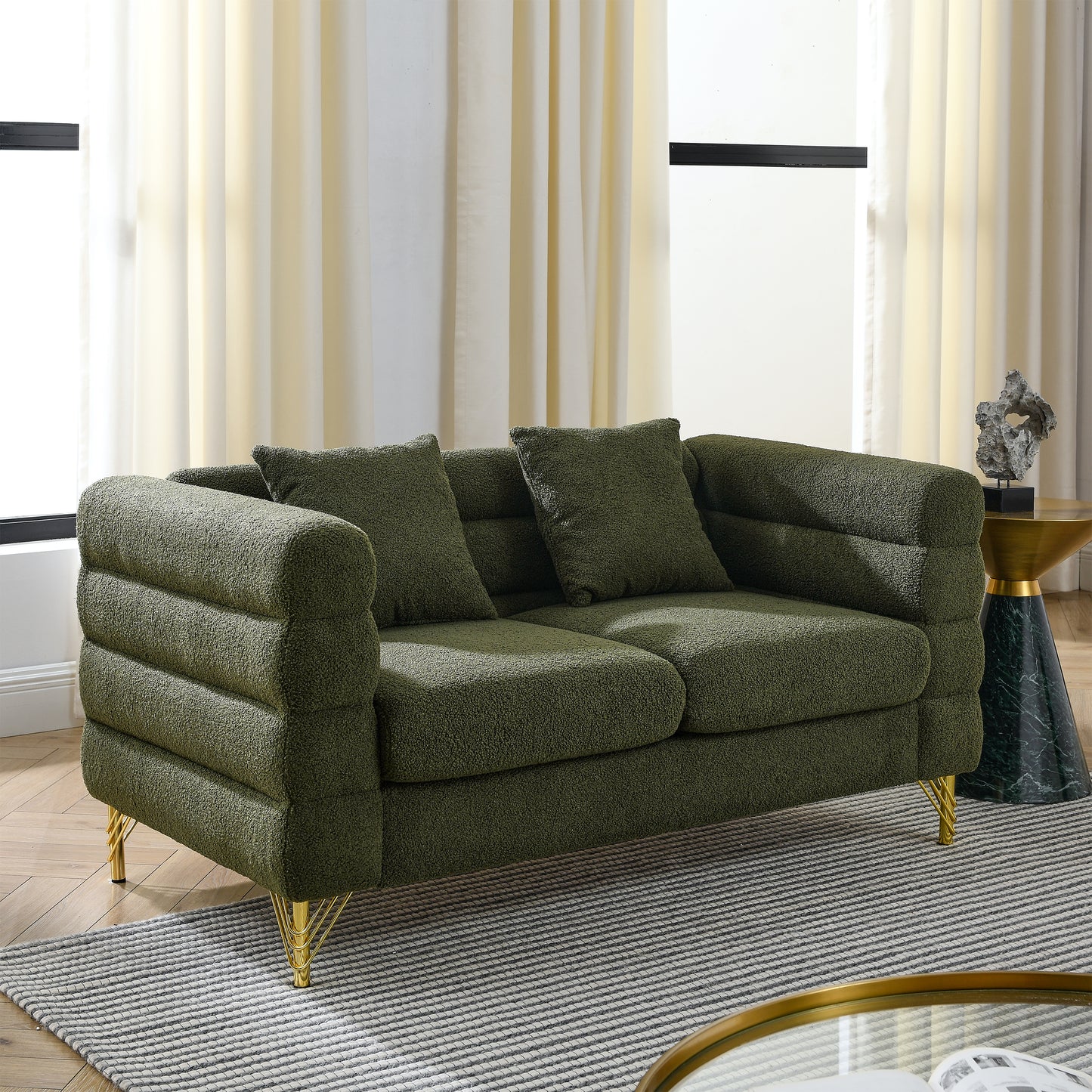 60Inch Oversized 2 Seater Sectional Sofa, Living Room Comfort Fabric Sectional Sofa-Deep Seating Sectional Sofa, Soft Sitting with 2 Pillows for Living Room, Bedroom, Office, Green teddy(W834S00032) image 1