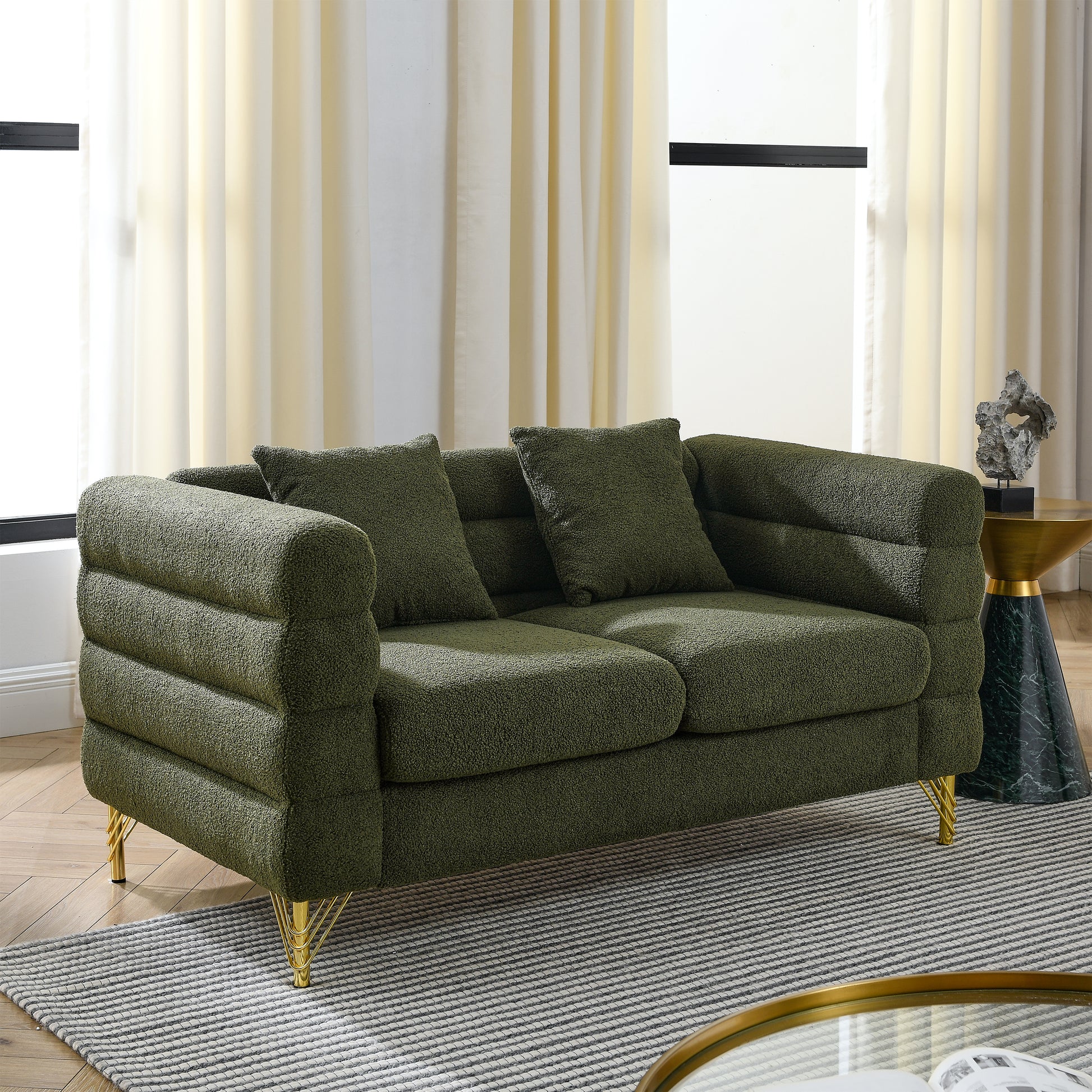 60Inch Oversized 2 Seater Sectional Sofa, Living Room Comfort Fabric Sectional Sofa-Deep Seating Sectional Sofa, Soft Sitting with 2 Pillows for Living Room, Bedroom, Office, Green teddy(W834S00032) image 1