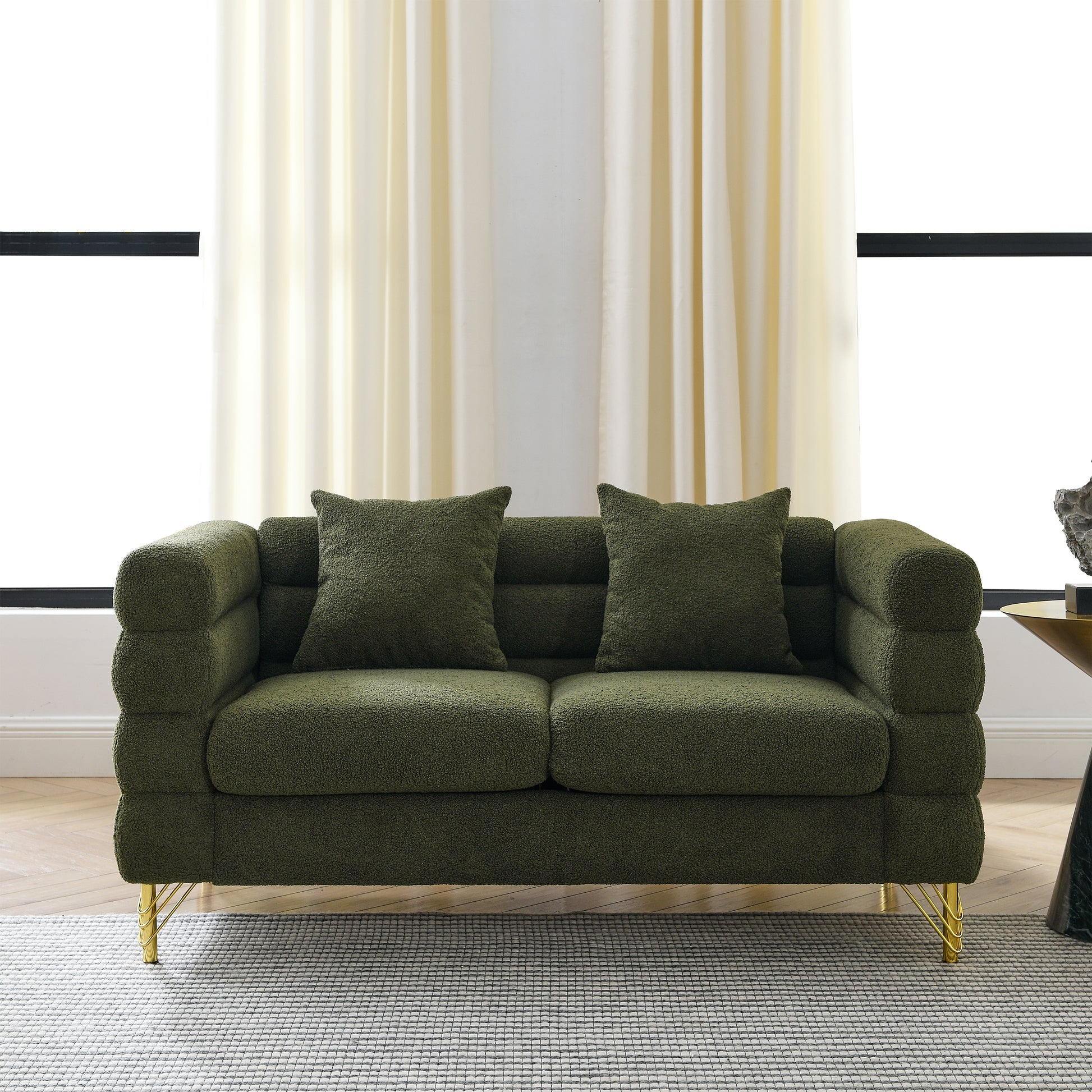 60Inch Oversized 2 Seater Sectional Sofa, Living Room Comfort Fabric Sectional Sofa-Deep Seating Sectional Sofa, Soft Sitting with 2 Pillows for Living Room, Bedroom, Office, Green teddy(W834S00032) image 3