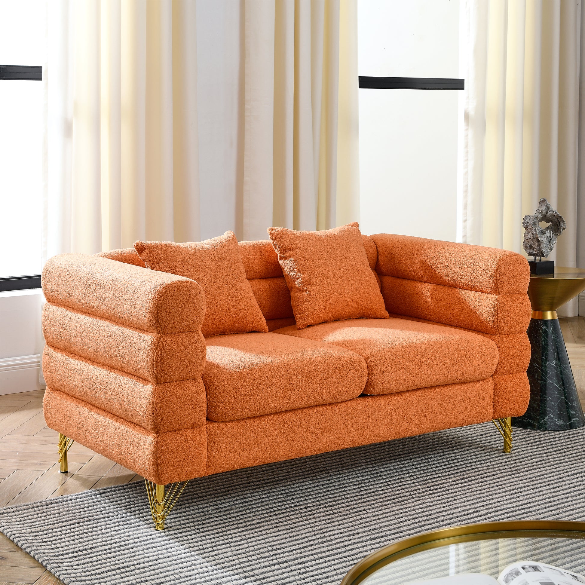 60Inch Oversized 2 Seater Sectional Sofa, Living Room Comfort Fabric Sectional Sofa-Deep Seating Sectional Sofa, Soft Sitting with 2 Pillows for Living Room,Bedroom,Office,Orange teddy(W834S00031) image 3