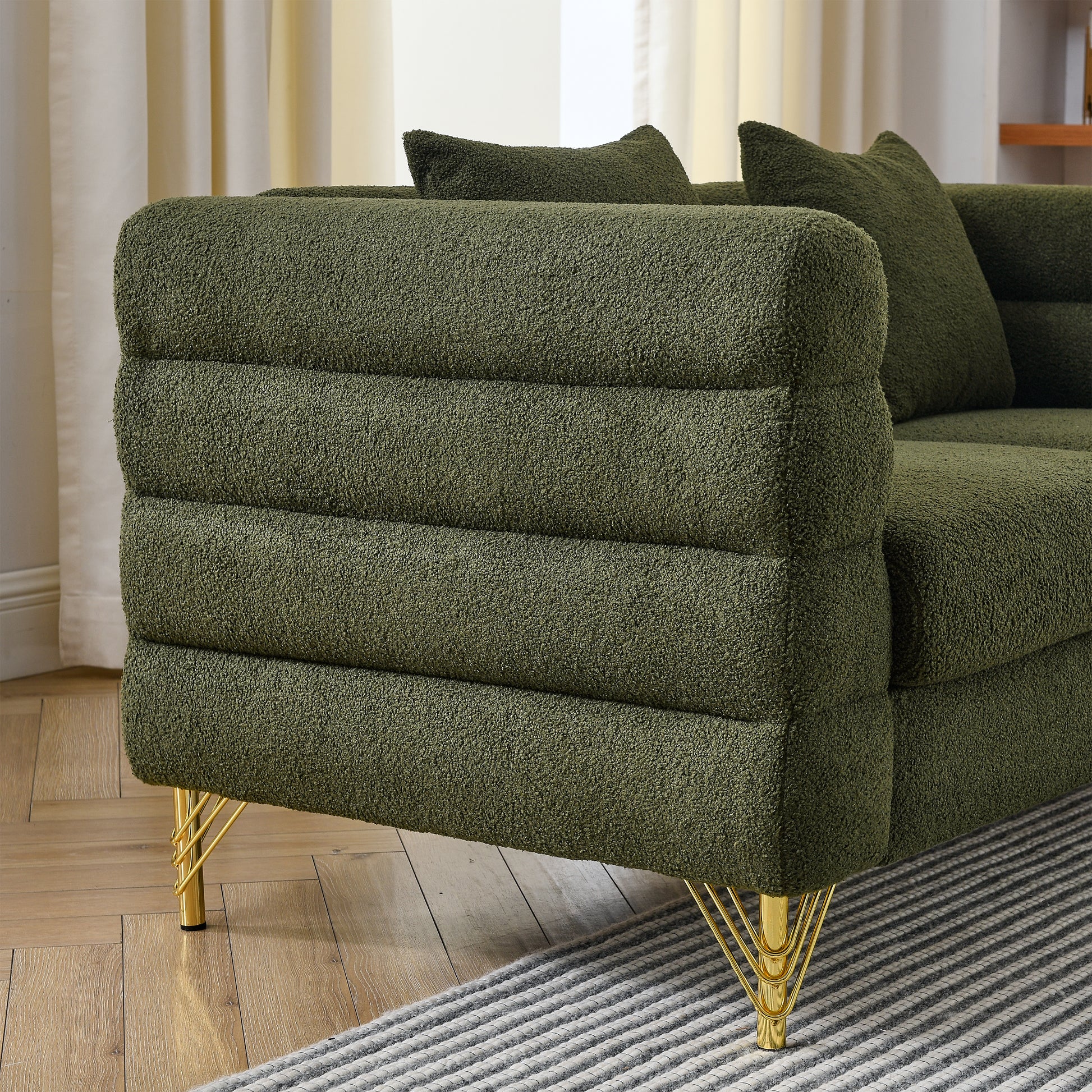 60Inch Oversized 2 Seater Sectional Sofa, Living Room Comfort Fabric Sectional Sofa-Deep Seating Sectional Sofa, Soft Sitting with 2 Pillows for Living Room, Bedroom, Office, Green teddy(W834S00032) image 7
