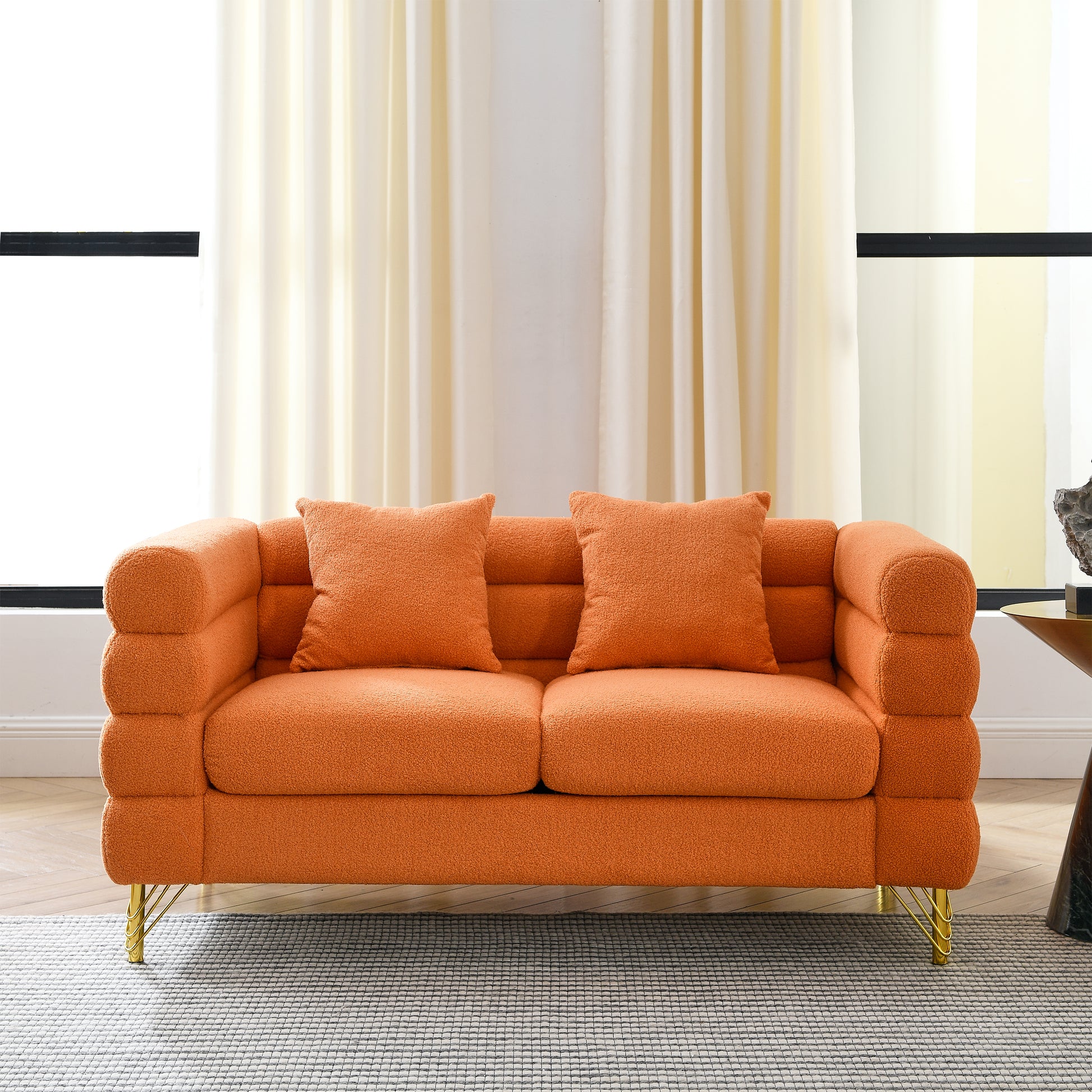 60Inch Oversized 2 Seater Sectional Sofa, Living Room Comfort Fabric Sectional Sofa-Deep Seating Sectional Sofa, Soft Sitting with 2 Pillows for Living Room,Bedroom,Office,Orange teddy(W834S00031) image 2