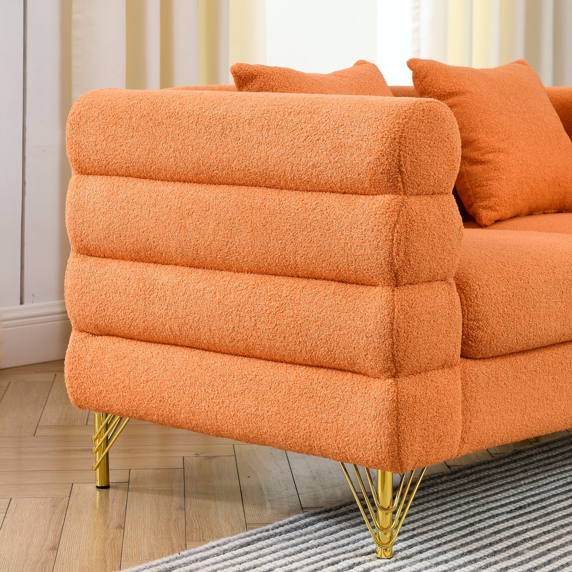 60Inch Oversized 2 Seater Sectional Sofa, Living Room Comfort Fabric Sectional Sofa-Deep Seating Sectional Sofa, Soft Sitting with 2 Pillows for Living Room,Bedroom,Office,Orange teddy(W834S00031) image 8