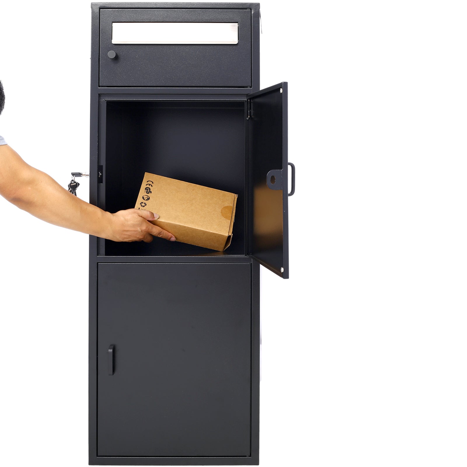 Large Steel Freestanding Floor Parcel Package Drop with Locking Letterbox Drop Mail Box with Multi Compartments, Black image 3