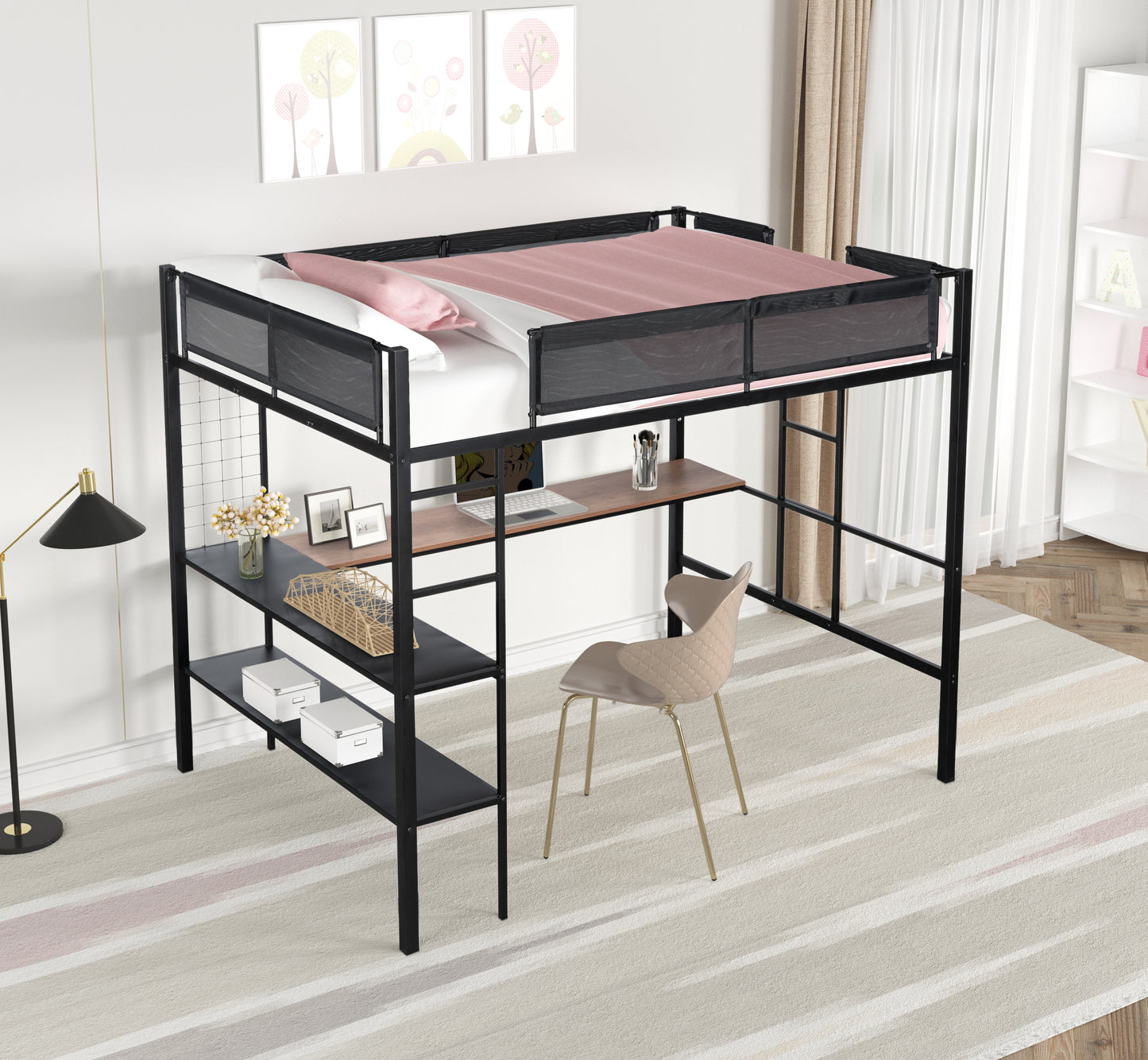 Metal Full Size Loft Bed with Desk & Shelves/ Sturdy Metal Bed Frame/ Noise-free Wood Slats/ Comfortable Textilene Guardrail/ Built-in Desk, 2-tier Shelves & Grid Panel/ 2 Side Ladders image 2