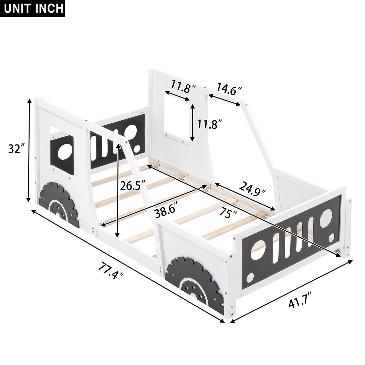 Twin Size Classic Car-Shaped Platform Bed with Wheels,White image 6