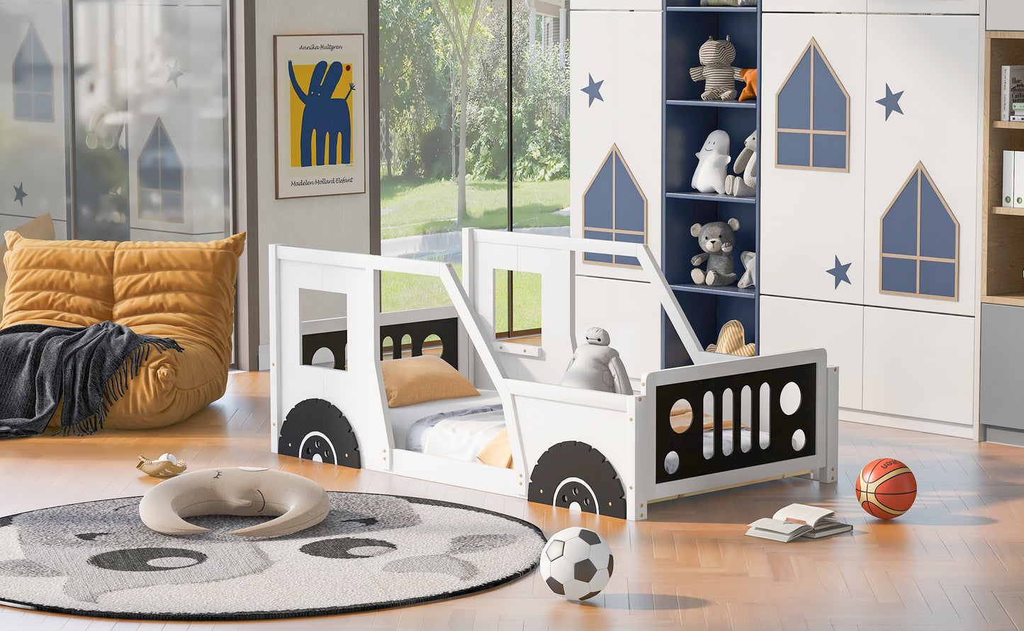 Twin Size Classic Car-Shaped Platform Bed with Wheels,White image 4