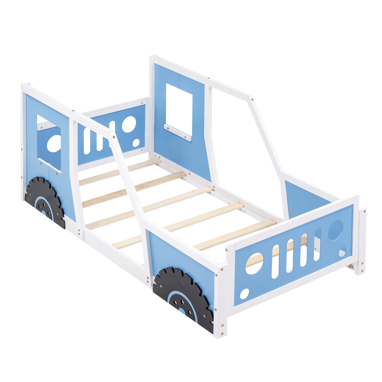 Twin Size Classic Car-Shaped Platform Bed with Wheels,Blue image 12