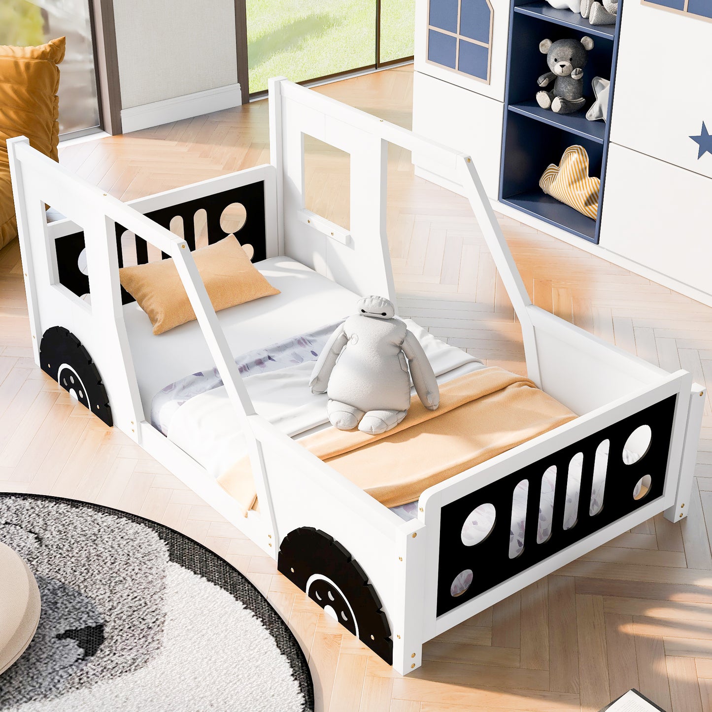 Twin Size Classic Car-Shaped Platform Bed with Wheels,White image 1
