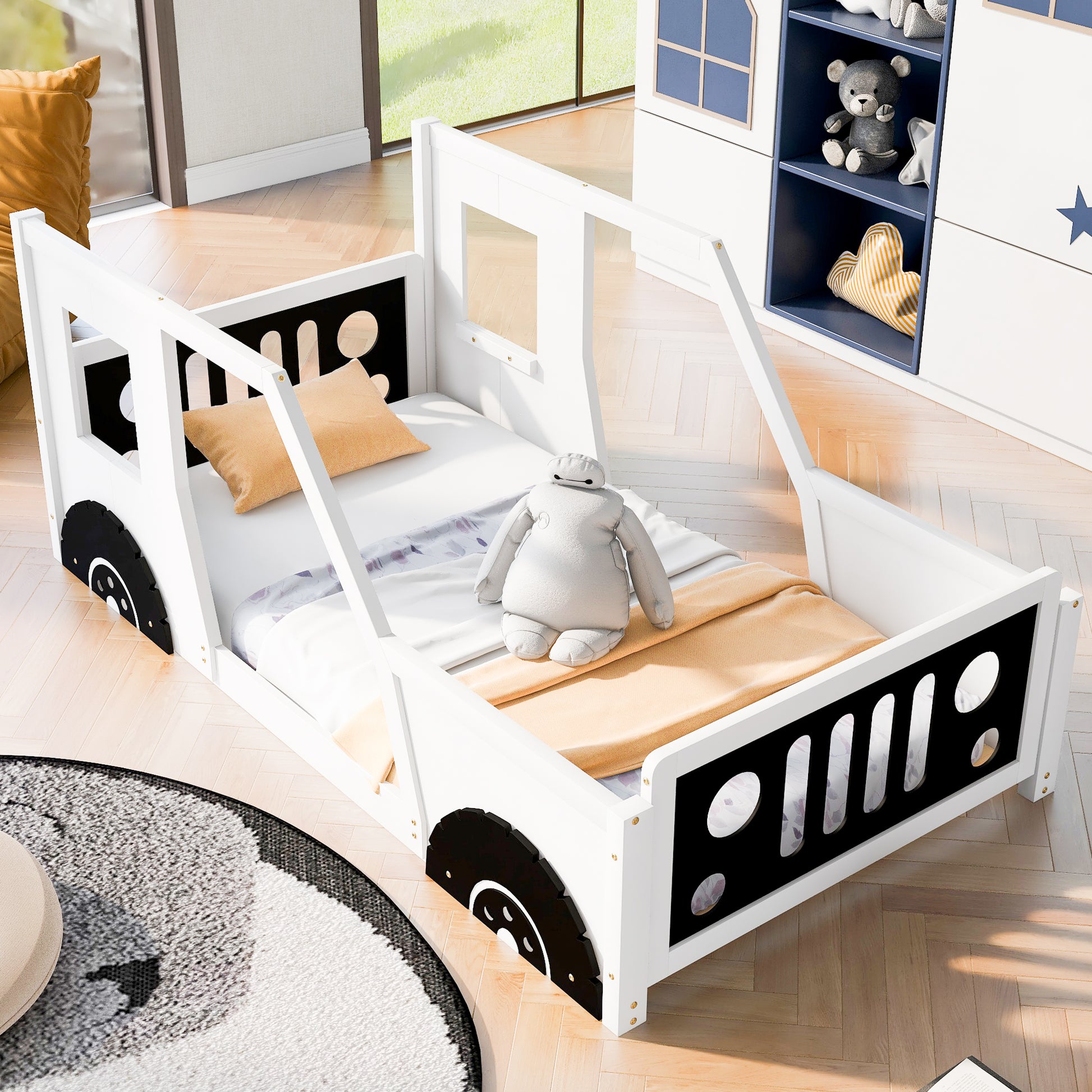 Twin Size Classic Car-Shaped Platform Bed with Wheels,White image 1