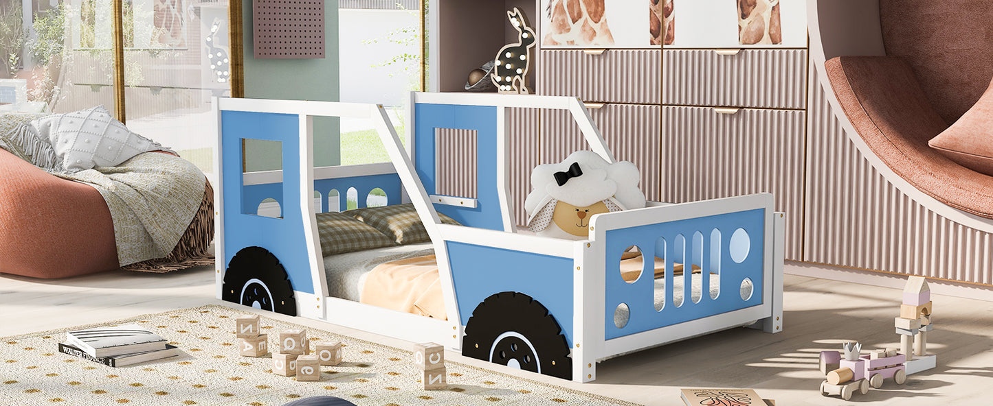 Twin Size Classic Car-Shaped Platform Bed with Wheels,Blue image 5