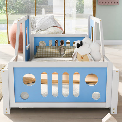 Twin Size Classic Car-Shaped Platform Bed with Wheels,Blue image 3