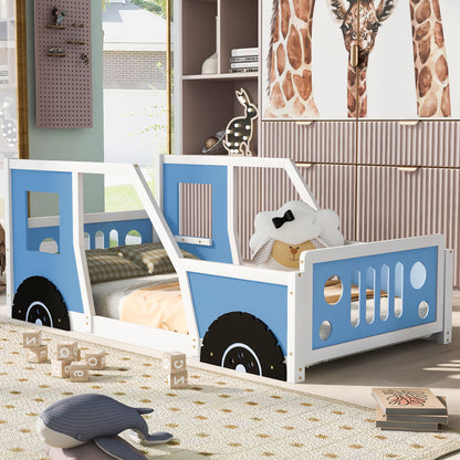 Twin Size Classic Car-Shaped Platform Bed with Wheels,Blue image 2