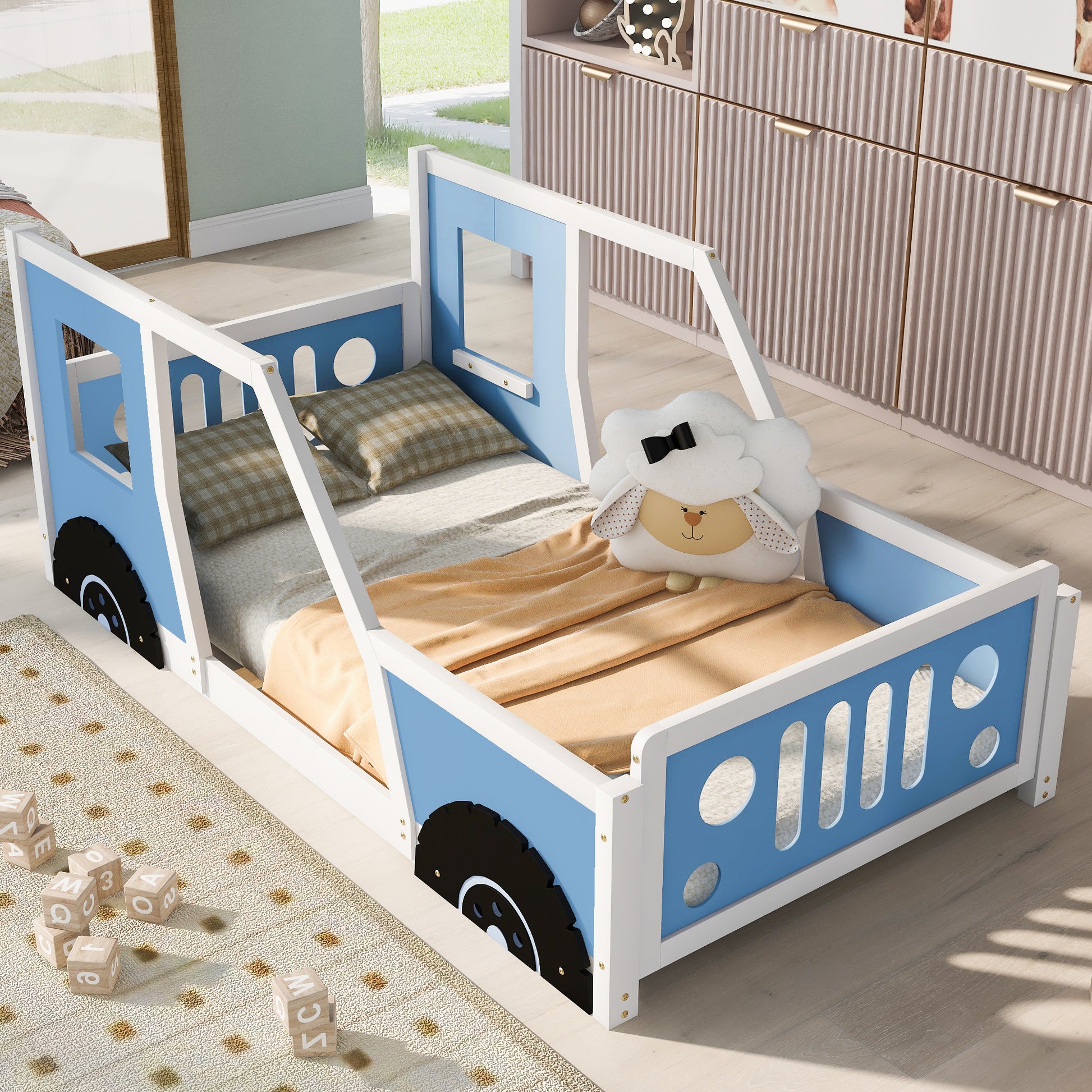 Twin Size Classic Car-Shaped Platform Bed with Wheels,Blue image 1