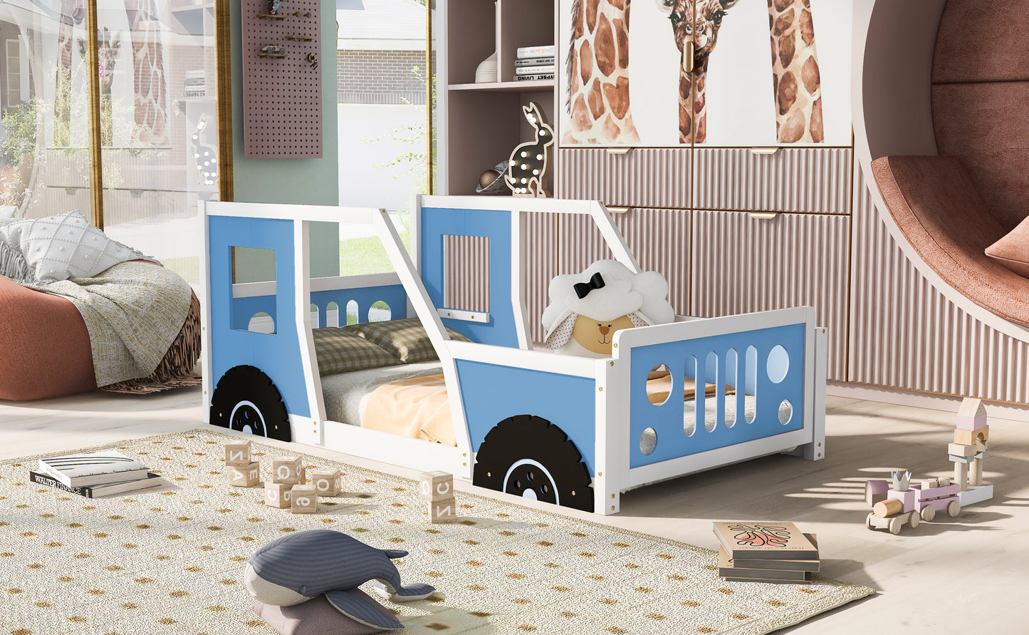 Twin Size Classic Car-Shaped Platform Bed with Wheels,Blue image 4
