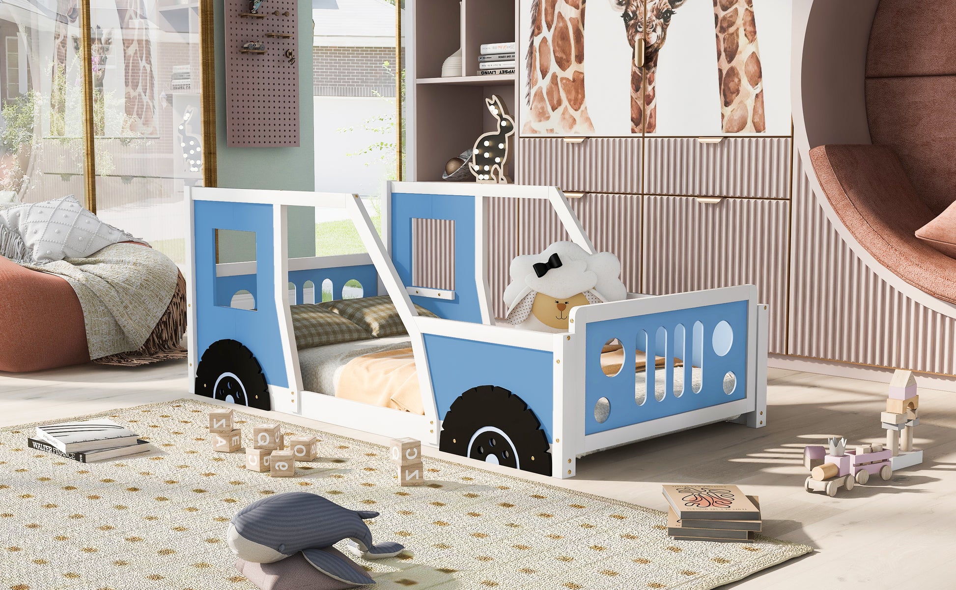 Twin Size Classic Car-Shaped Platform Bed with Wheels,Blue image 4