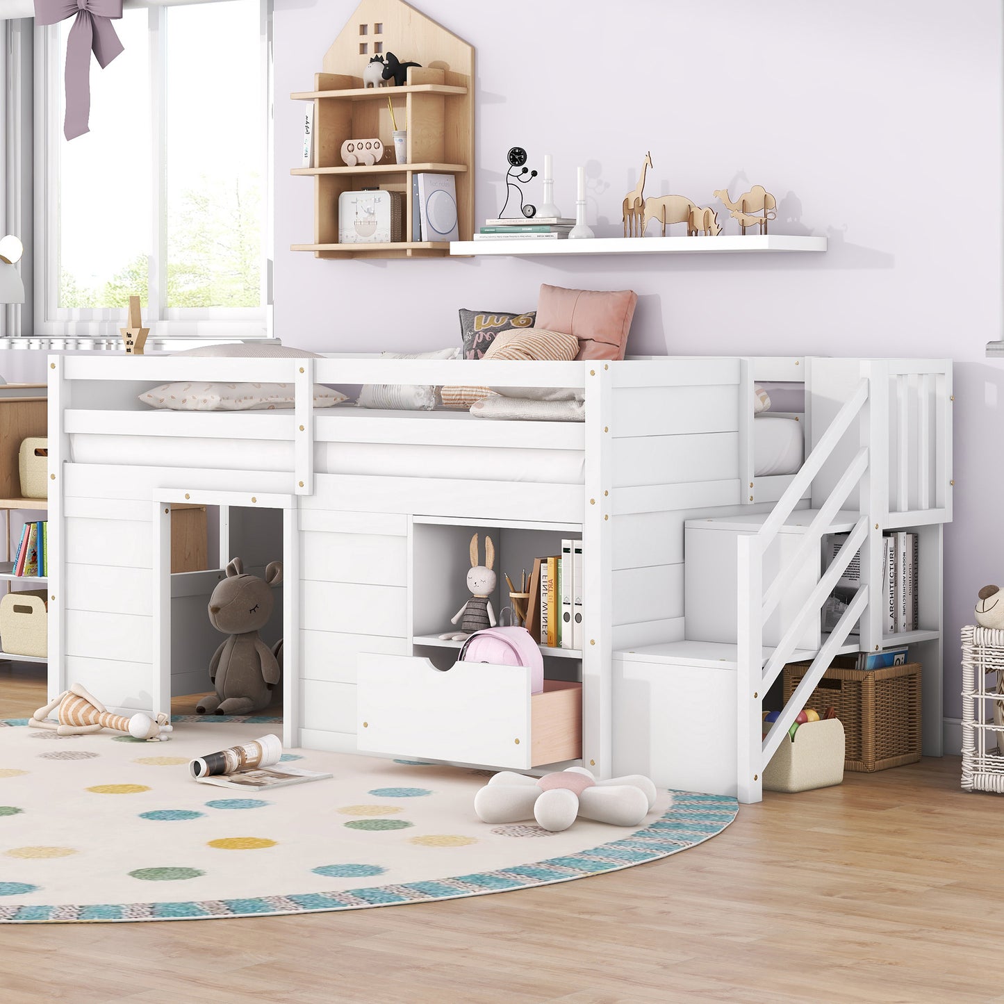 TWIN BED, SOLID WOOD TWIN SIZE LOW LOFT BED WITH STAIR, DRAWER, AND SHELF OF WHITE COLOR image 9