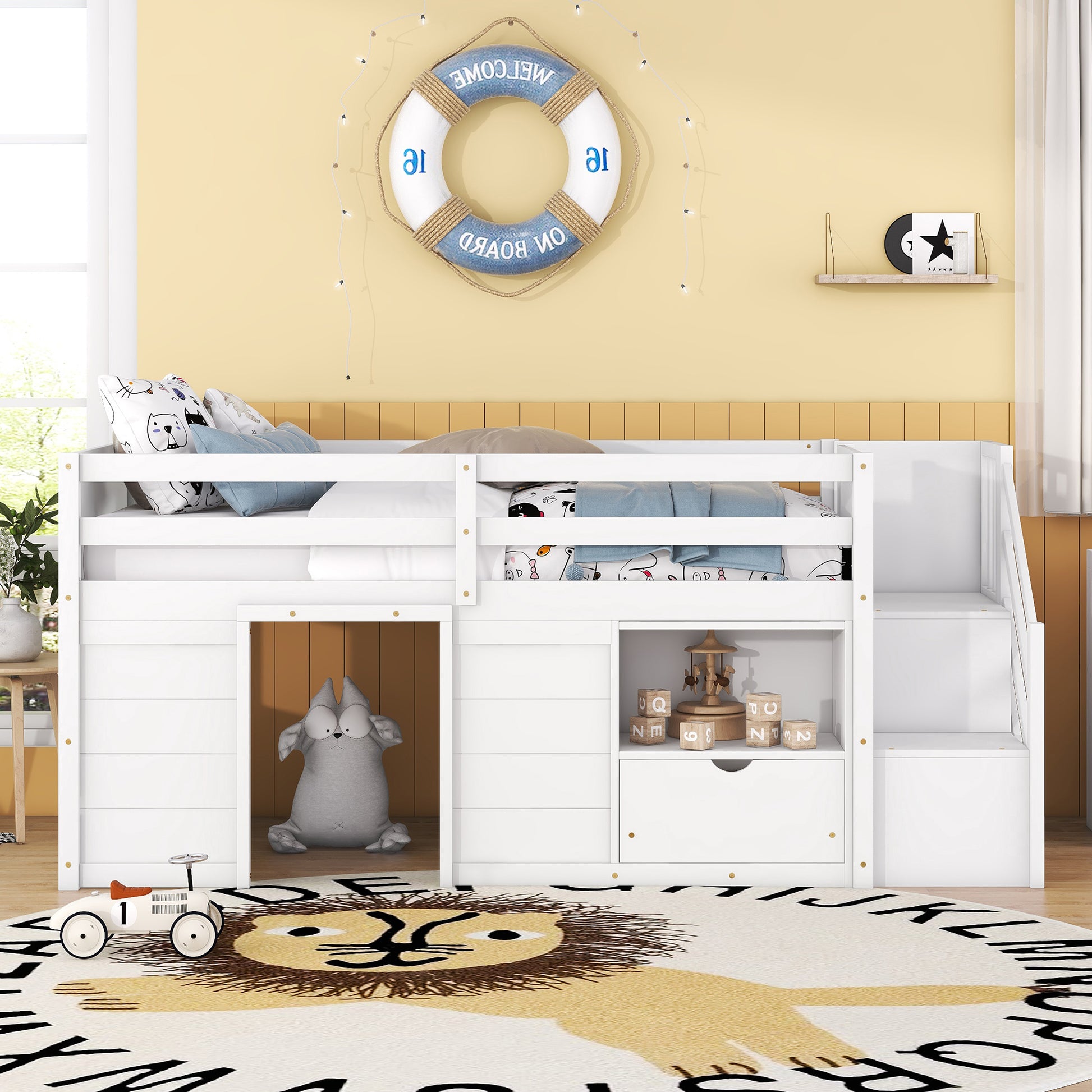 TWIN BED, SOLID WOOD TWIN SIZE LOW LOFT BED WITH STAIR, DRAWER, AND SHELF OF WHITE COLOR image 5