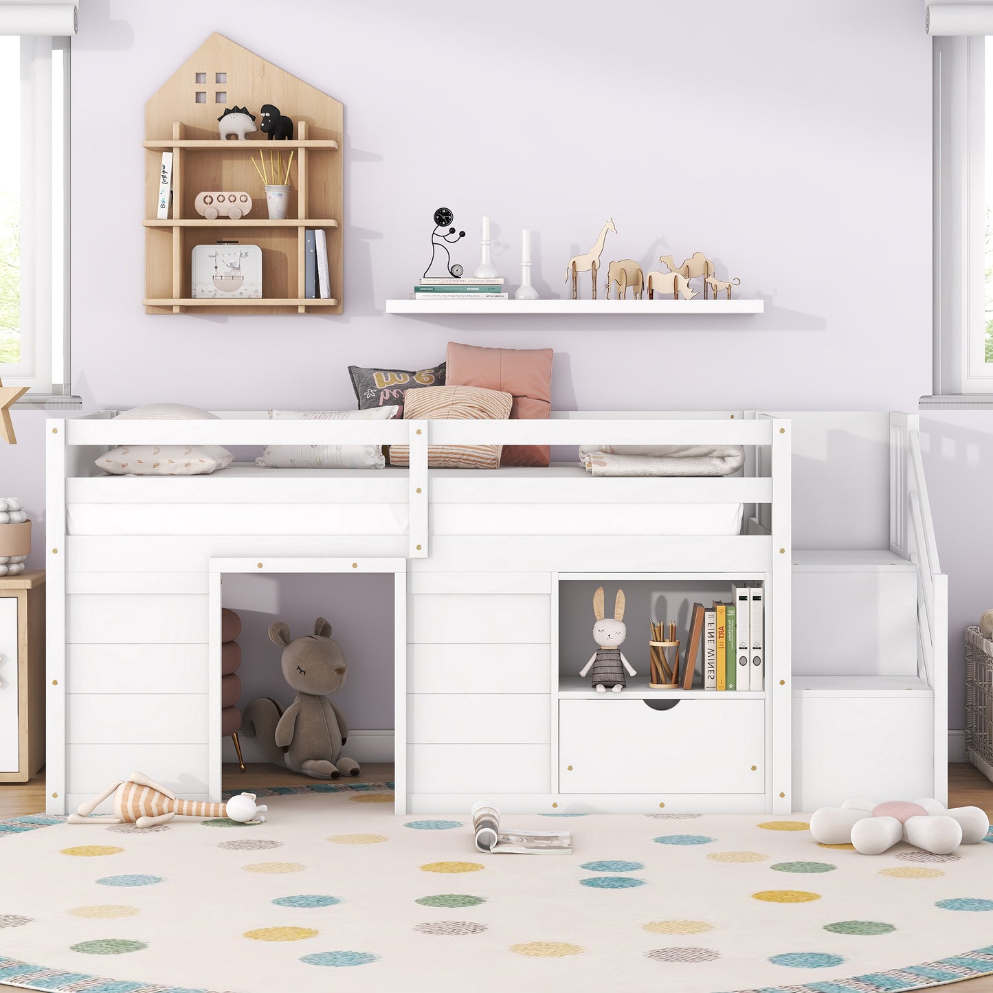 TWIN BED, SOLID WOOD TWIN SIZE LOW LOFT BED WITH STAIR, DRAWER, AND SHELF OF WHITE COLOR image 7