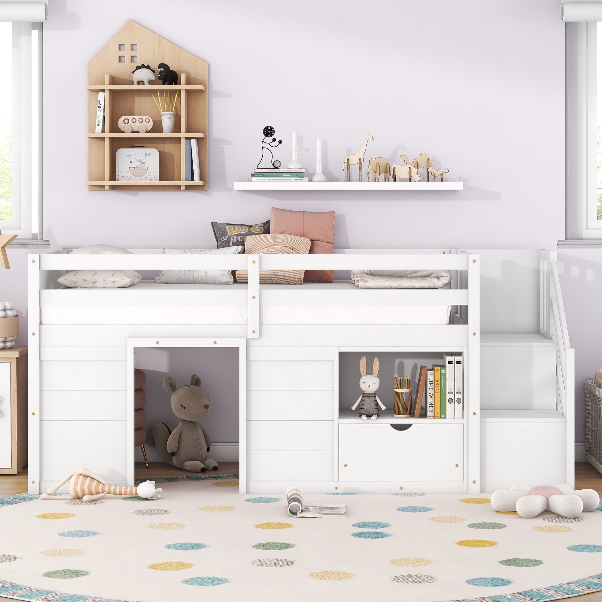 TWIN BED, SOLID WOOD TWIN SIZE LOW LOFT BED WITH STAIR, DRAWER, AND SHELF OF WHITE COLOR image 7