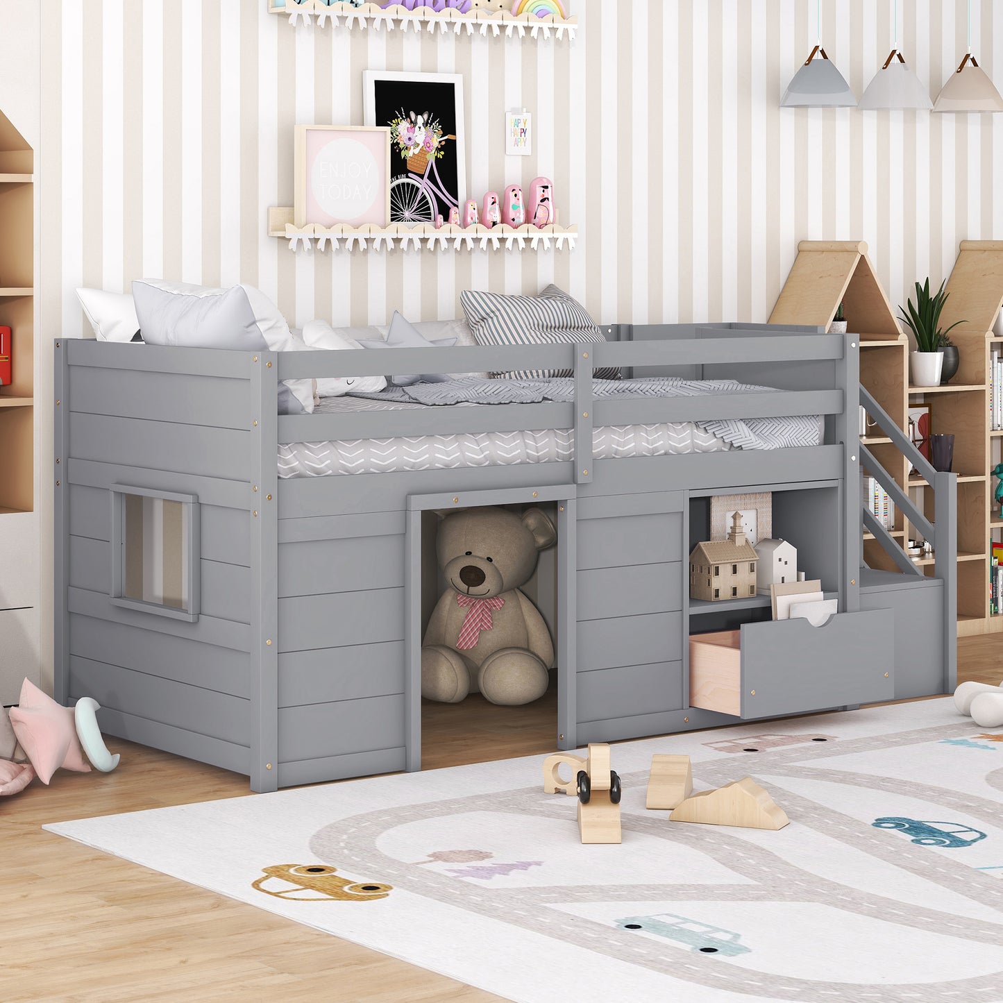TWIN BED, SOLID WOOD TWIN SIZE LOW LOFT BED WITH STAIR, DRAWER, AND SHELF OF GREY COLOR image 3