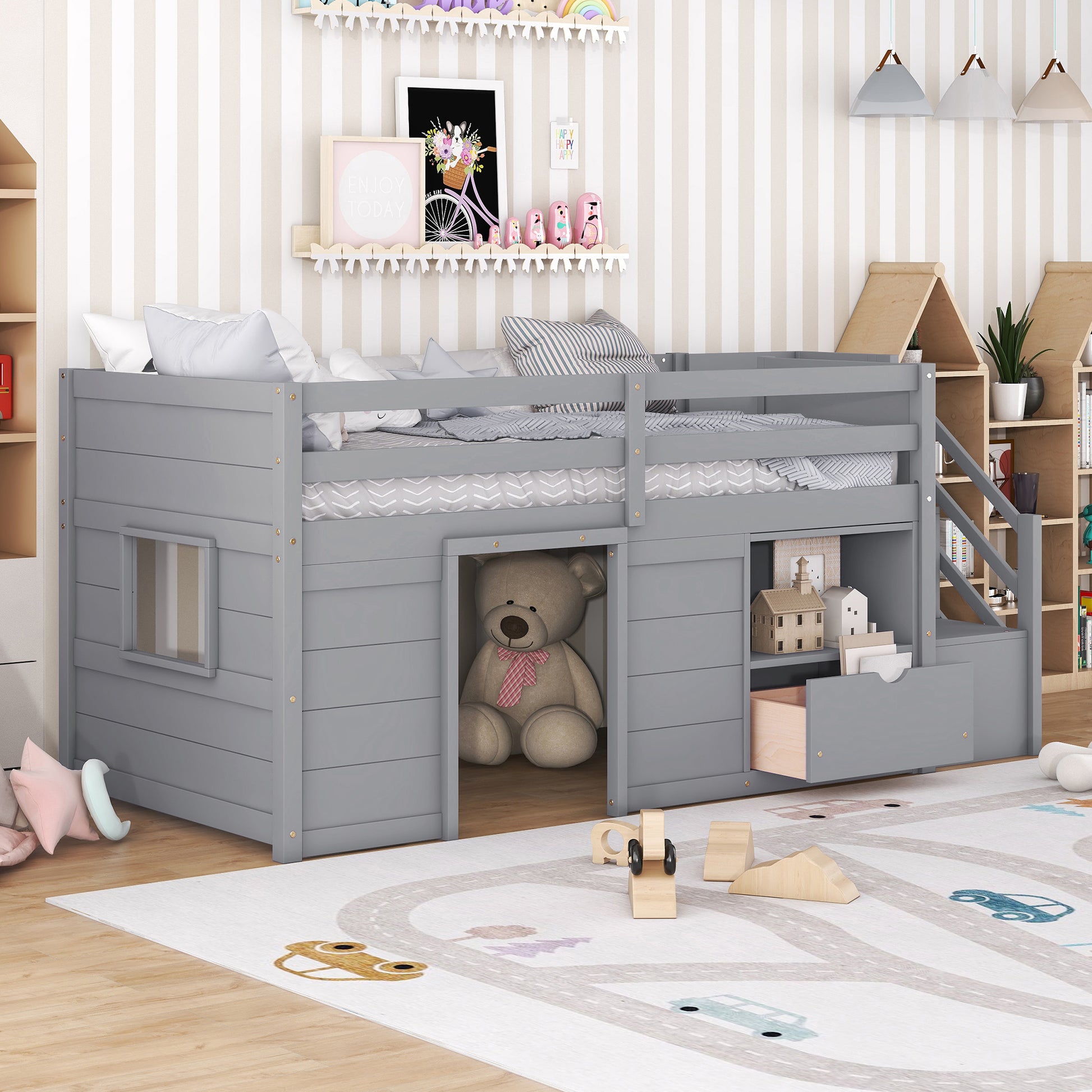 TWIN BED, SOLID WOOD TWIN SIZE LOW LOFT BED WITH STAIR, DRAWER, AND SHELF OF GREY COLOR image 3