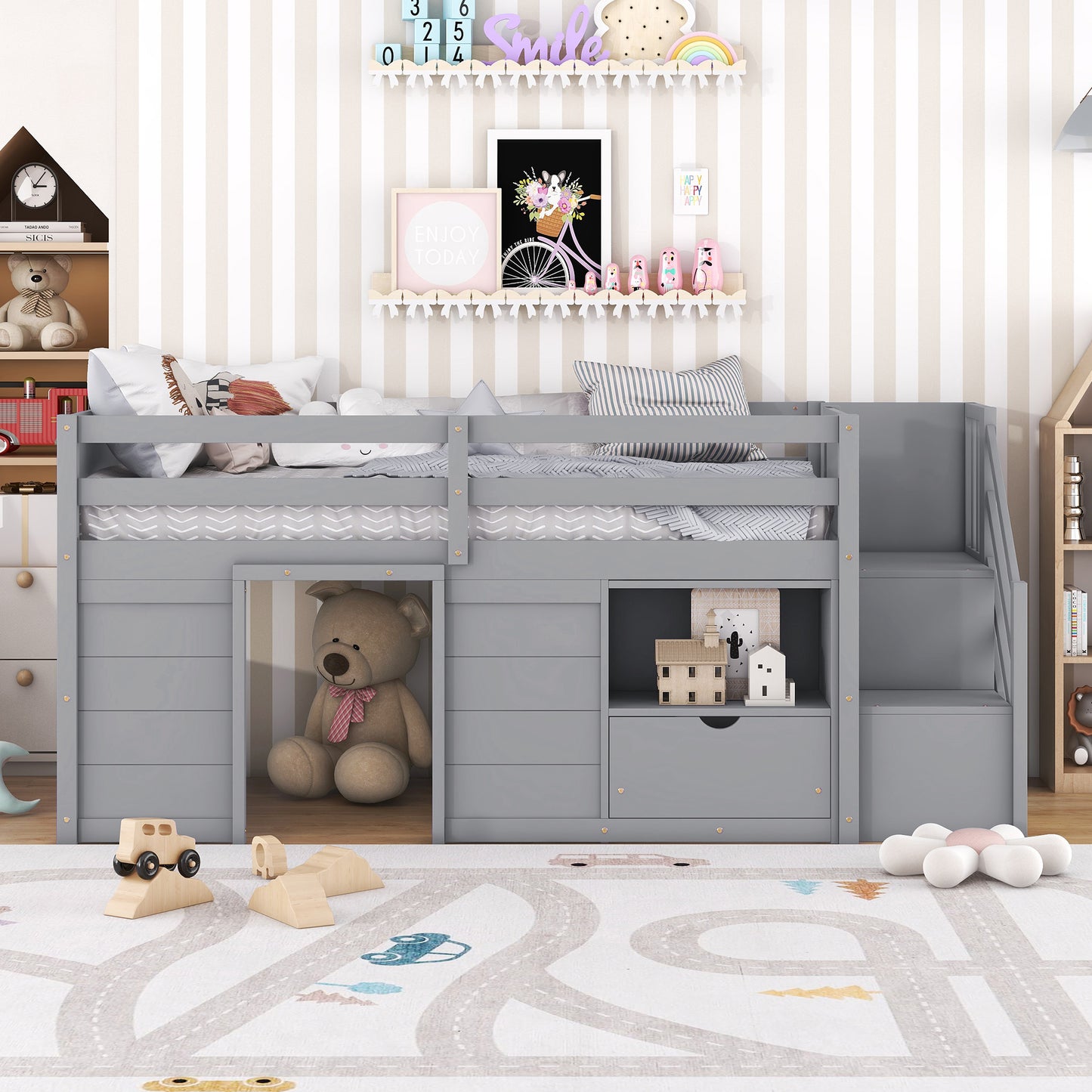 TWIN BED, SOLID WOOD TWIN SIZE LOW LOFT BED WITH STAIR, DRAWER, AND SHELF OF GREY COLOR image 2